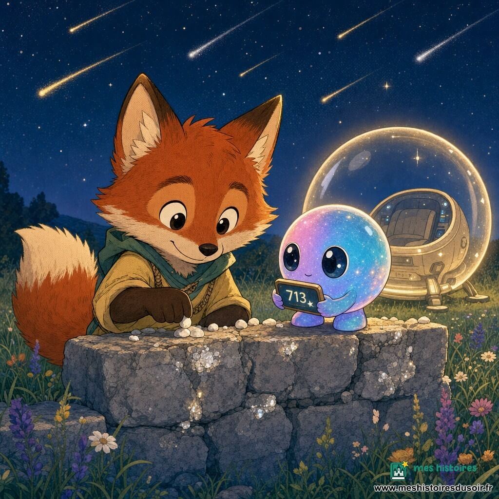 Un petit renard roux anthropomorphe nommé Pilo, concentré et serein, pose des petits cailloux blancs sur un vieux muret en pierre en comptant, à côté d'un petit extraterrestre rond nommé Zing, boule lumineuse bleu-rose aux yeux sombres, tenant un appareil affichant des chiffres; la capsule-bulle translucide de Zing flotte derrière lui en aspirant la lumière des grains de quartz du muret; clairière d'herbe basse et fleurs sauvages, ciel nocturne indigo parsemé d'étoiles et d'une pluie de météores dorés et argentés, ambiance tendre, éclairage doux rim light doré, style bande dessinée enfantine, couleurs pastel et textures douces.