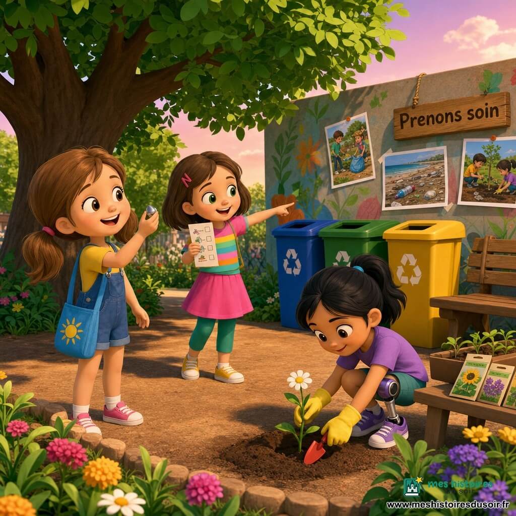 Trois filles de 5 ans plantent des fleurs au pied d’un mur d’images dans un parc sous un grand chêne : Léa, cheveux châtain clair en couettes, sac bleu brodé d’un soleil, tient une pierre brillante ; Mina, cheveux bruns courts, tenue colorée, tient une liste et montre une poubelle de tri ; Noor, cheveux noirs attachés, porte une prothèse à la jambe droite, accroupie avec des gants et une mini-pelle rouge plante une marguerite. On voit un sol de terre brune avec parterres naissants, trois bacs de tri (bleu, vert, jaune), un banc, une petite table avec des sachets de graines, et une pancarte en bois "Prenons soin" sur le mur, lumière douce de fin d’après-midi et ciel rosé ; l’ambiance est joyeuse et complice, gestes précis (sachet de graines, arrosage, recyclage).