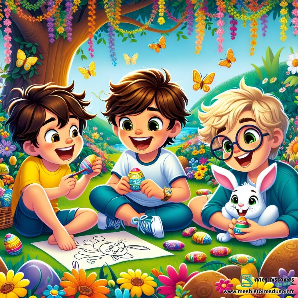 Dans un jardin magique, trois amis sont réunis : Tom, un garçon de quatre ans aux cheveux bruns en bataille, riant sur l'herbe ; Léo, avec des cheveux blonds et des lunettes rondes, tenant un œuf coloré ; et Max, aux cheveux noirs et bouclés, allongé sur le ventre, dessinant un lapin. Le jardin est rempli de fleurs éclatantes et de papillons, avec un grand arbre chargé de guirlandes d'œufs en chocolat. Ils partagent un pique-nique joyeux avec des biscuits et des bonbons, tout en discutant de leur rêve d'un jardin magique.