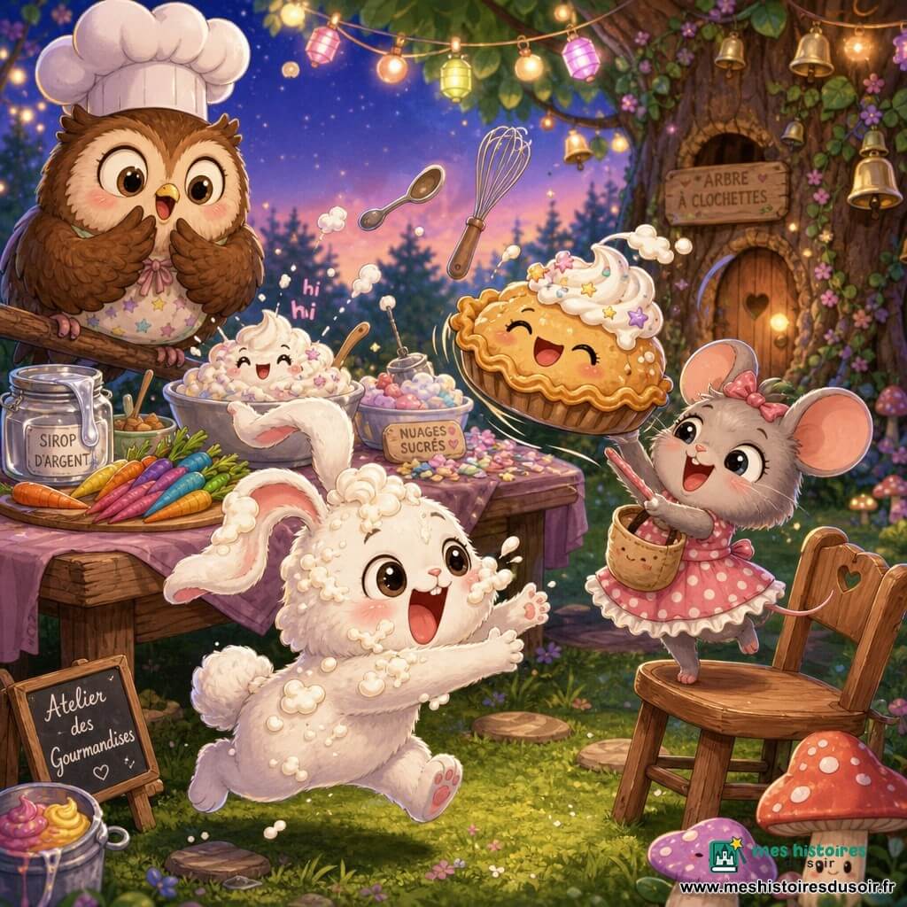 Barnabé, petit lapin blanc aux grandes oreilles tordues et yeux pétillants, couvert de chantilly qui rit, court en riant vers une tarte sautillante ; Zoé, minuscule souris grise en robe à pois, souriante, tient la tarte à moitié dans sa poche debout sur une chaise à côté de lui ; Odile la chouette ronde, coiffée d’une toque de chef, perchée sur une branche, a l’air surprise et amusée. Sur une table bancale : ingrédients colorés (carottes arc‑en‑ciel, sirop argenté, pépites de nuages, chantilly), ustensiles flottants. Décor : clairière enchantée au crépuscule avec herbe mousseuse, champignons, guirlandes de lanternes et grand arbre à cloches. Scène principale : moment comique et mouvementé où la tarte magique saute, Barnabé glisse sur une épluchure, Zoé l’attrape, expressions exagérées, ambiance lumineuse et couleurs pastel vives, style chibi kawaii aux traits doux et contours épais.