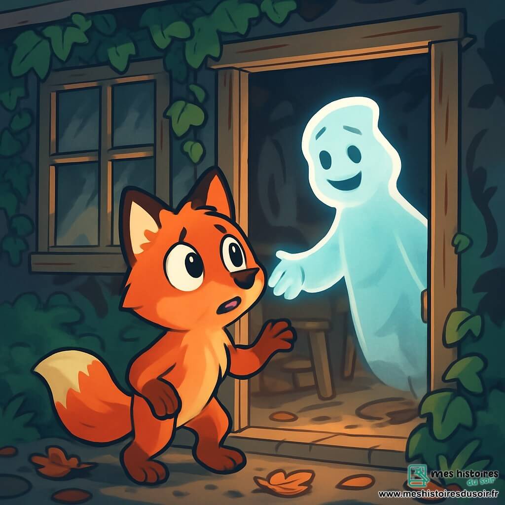 Un jeune renard aux poils roux éclatants, avec de grands yeux curieux et une expression émerveillée mais inquiète, se tient devant une vieille maison abandonnée recouverte de lierre. La porte en bois est entrouverte, laissant échapper une lueur mystérieuse. À l'intérieur, un esprit translucide et lumineux, avec un sourire bienveillant, semble inviter le renard à entrer, tandis que des ombres dansent autour d'eux, créant une atmosphère magique et légèrement effrayante. Le sol est couvert de feuilles mortes et de poussière, et des rayons de lumière filtrent à travers les fenêtres brisées, illuminant des objets anciens. Le renard, hésitant, lève une patte, tandis que l'esprit lui tend une main délicate pour l'encourager à découvrir les secrets de la maison oubliée.