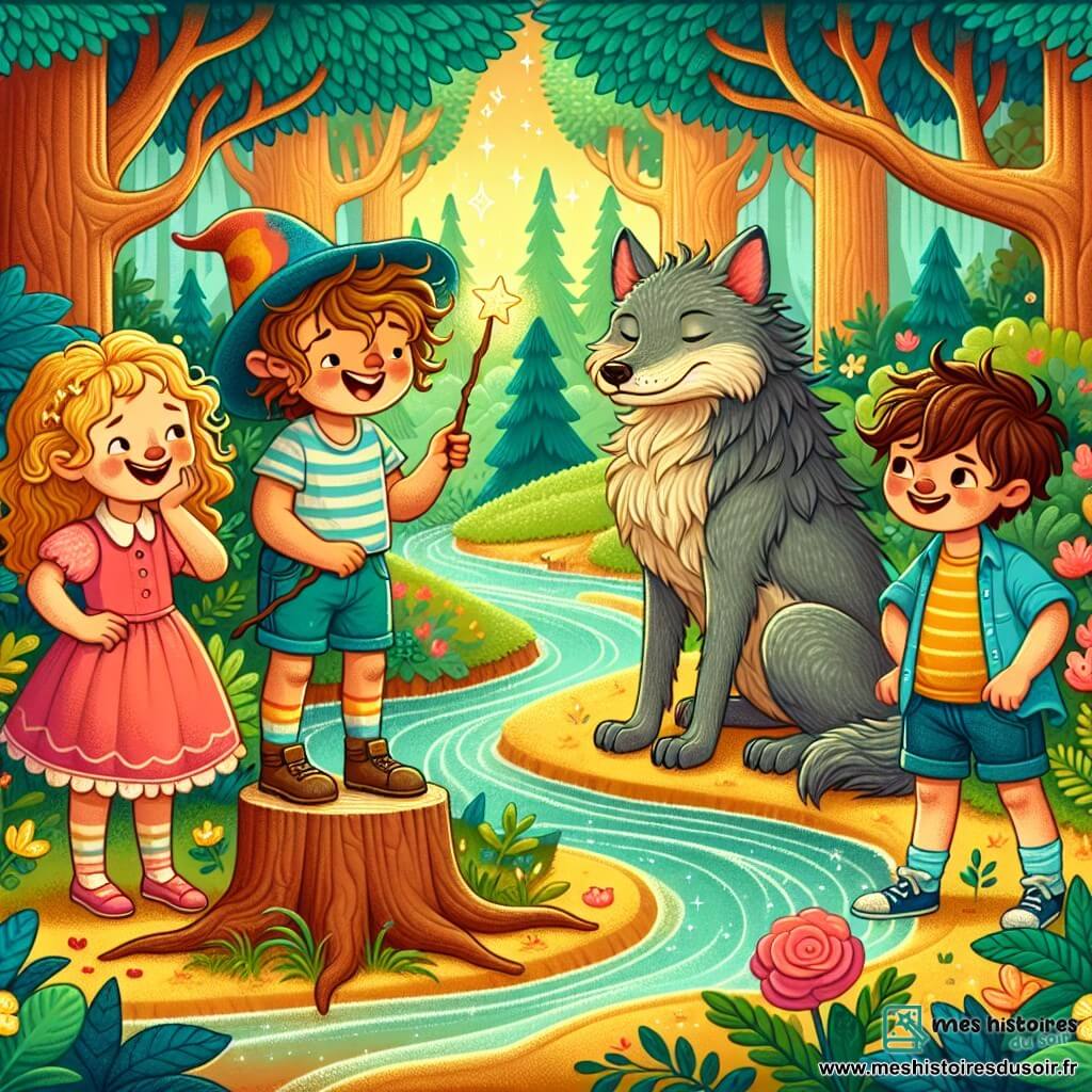 Dans une forêt enchantée, quatre amis se tiennent près d’un ruisseau scintillant : Léa, 7 ans, souriante dans sa robe rose ; Tom, 8 ans, riant avec son t-shirt rayé ; Mia, 6 ans, fascinée par un loup avec sa canne magique ; et Noah, 9 ans, amical avec son grand chapeau bleu. Le loup, aux poils gris et aux yeux doux, est assis sur un tronc, les larmes aux yeux, mais sourit. La scène est magique, avec des arbres majestueux et des fleurs éclatantes. Les enfants jouent avec le loup, montrant que l'amitié peut surmonter la peur, transformant le loup, autrefois perçu comme méchant, en un ami joyeux.