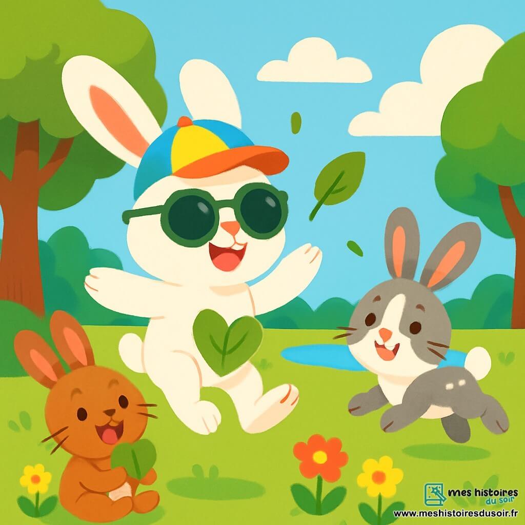 Léo, un petit lapin aux grandes oreilles et à la fourrure blanche, saute joyeusement dans un parc ensoleillé, souriant avec un chapeau coloré et des lunettes de soleil, tenant une feuille verte. À ses côtés, Lila, une lapine marron aux yeux pétillants, rit avec une feuille en forme de cœur, assise sur l'herbe entourée de fleurs. Tom, un lapin gris tacheté, fait des sauts en cherchant d'autres feuilles. Le parc est verdoyant avec des arbres majestueux, des fleurs éclatantes et un ciel bleu clair. Léo et ses amis explorent le parc, ramassent des feuilles et rient ensemble, créant des souvenirs d'été.