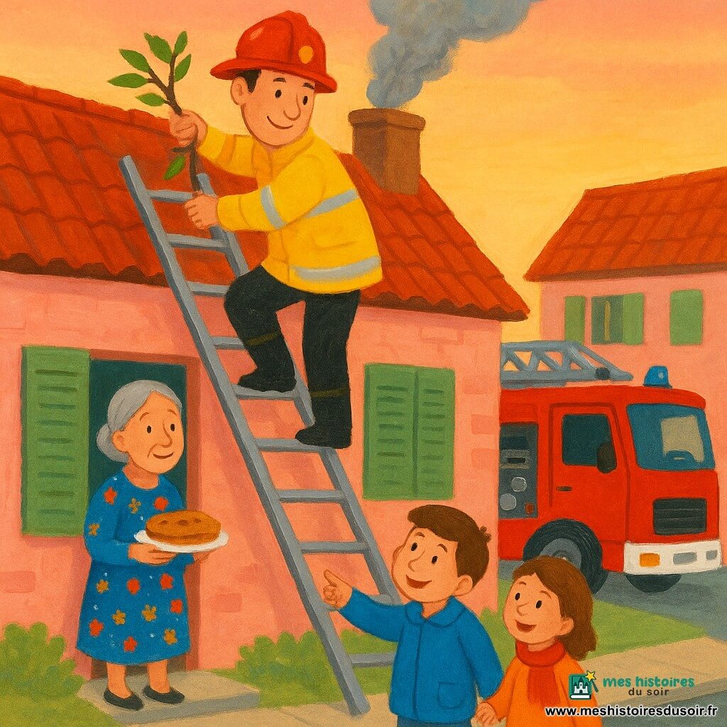 Un pompier souriant d'une cinquantaine d'années en casque rouge et veste jaune monte sur un toit en tuiles pour retirer des branches d'une cheminée fumante pendant qu'une femme âgée, Madame Dupont, tient un gâteau sur le perron, soulagée ; deux enfants émerveillés pointent la scène près d'un camion de pompiers rouge à échelle déployée garé devant une maison en briques roses aux volets verts, le ciel de coucher de soleil aux tons orange et rose baignant la scène calme et rassurante aux couleurs vives et textures de gouache.