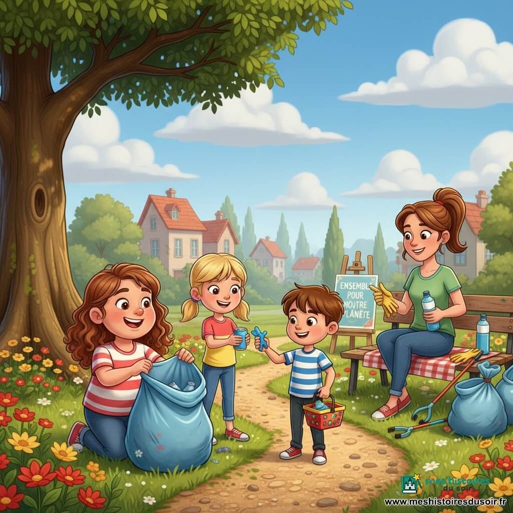 Céleste, 10 ans, visage rond, cheveux châtains bouclés aux épaules, tient accroupie un grand sac poubelle bleu à moitié rempli; Émilie, 9 ans, cheveux blonds en couettes, debout à côté d’elle, lui tend une canette; Lucas, 6 ans, cheveux bruns courts, en t‑shirt rayé, montre fièrement un jouet en plastique qu’il vient de ramasser en portant un petit panier; la maman, cheveux attachés et tenue décontractée, sourit depuis une couverture en apportant gants et bouteilles d’eau; tout se passe dans un parc ensoleillé avec pelouse, un grand chêne, parterres de fleurs rouges et jaunes, un banc et une allée gravillonnée — la scène montre un nettoyage collectif après une matinée de jeu, sacs pleins, gants jaunes, pinces de ramassage et une affiche « Ensemble pour notre planète ».