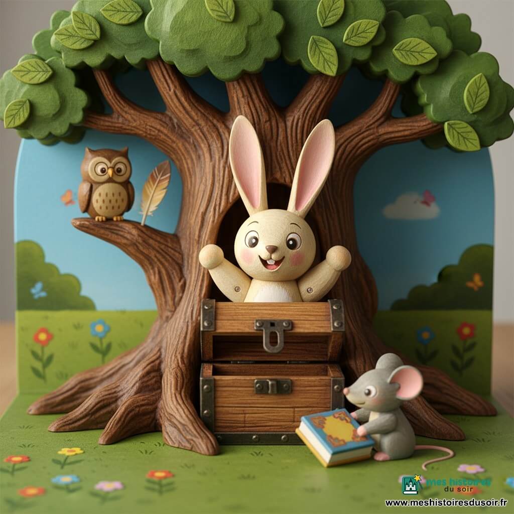 Petit lapin en bois peint crème et rose aux grandes oreilles droites, sourire joyeux et yeux brillants, devant un coffre en bois ouvert, bras levés ; petit hibou en bois brun et beige avec lunettes peintes, regard sage et plumes stylisées, perché sur une branche du vieux chêne à gauche ; petite souris en bois grise à queue fine, yeux ronds curieux, accroupie à droite du coffre touchant délicatement un livre coloré ; vieux chêne massif au centre à écorce texturée brun foncé, larges branches à feuilles vertes et racines sculptées entourant le coffre ; en arrière-plan parc avec pelouse verte, petites fleurs multicolores, papillons stylisés et ciel bleu clair éclairé d'une douce lumière de fin de matinée — scène centrée, chaleureuse et joyeuse, couleurs vives, textures bois visibles, ambiance d'aventure et de découverte paisible.