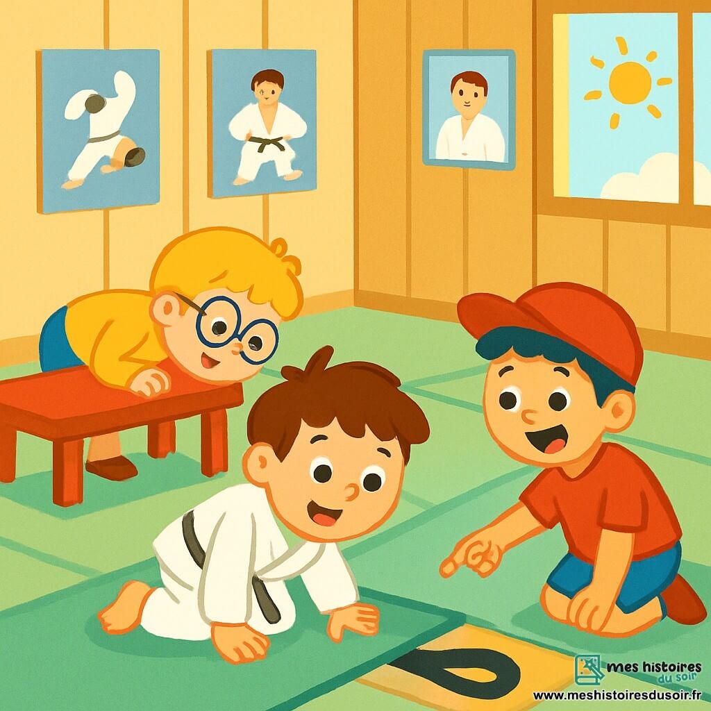 Trois personnages sont présents : Paul, un garçon de 7 ans avec des cheveux bruns en bataille et un grand sourire, cherche sa ceinture de judo près d'un tapis, accroupi. Max, un garçon de 6 ans aux cheveux blonds et lunettes rondes, regarde sous un banc avec curiosité. Leo, un garçon de 7 ans avec des cheveux noirs et une casquette rouge, est à genoux, souriant, et a trouvé la ceinture de Paul sous un tapis. L'action se déroule dans un dojo lumineux avec des murs en bois clair et des tatamis verts, décoré de posters de judokas célèbres et baigné de lumière. Paul, un peu triste, est aidé avec enthousiasme par Max et Leo, formant une belle équipe prête à s'amuser et à apprendre le judo.