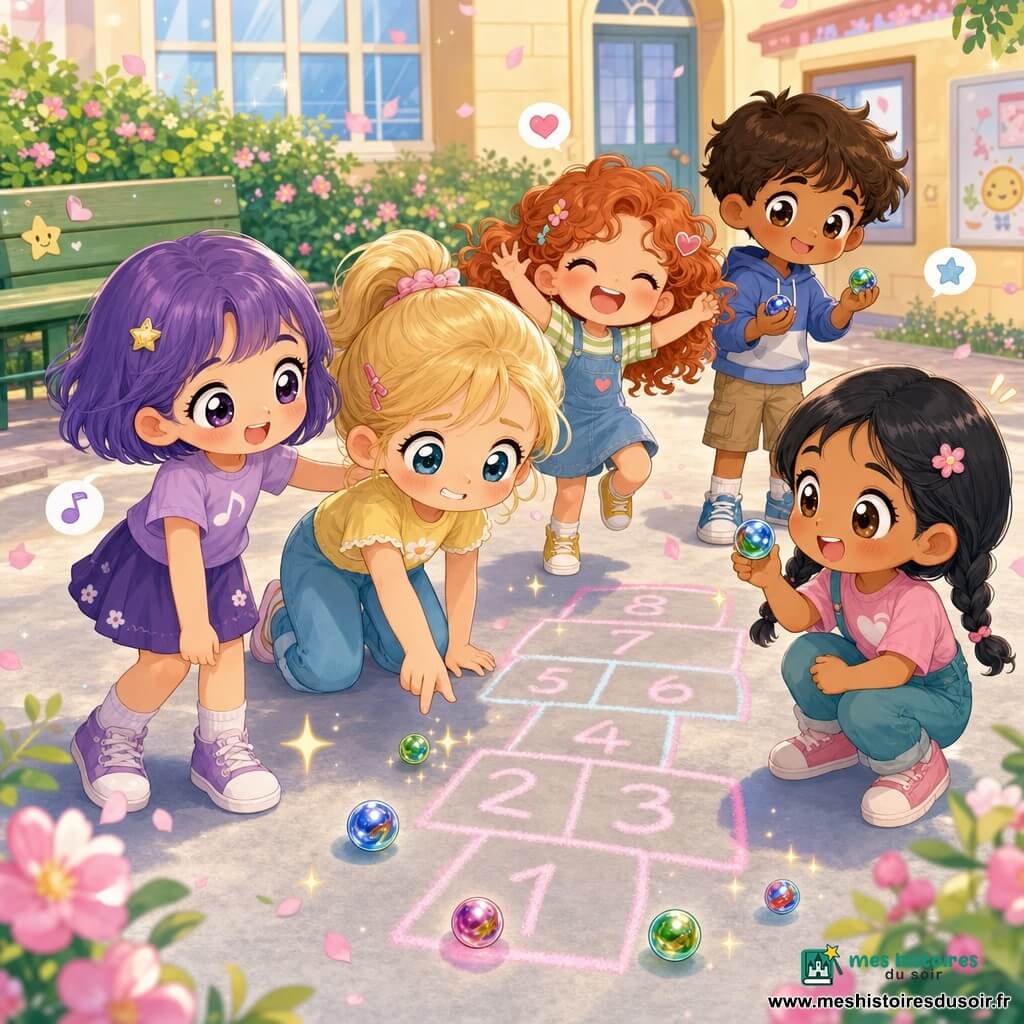 Cinq enfants dans une cour d'école ensoleillée : Lila (~7 ans, cheveux violets courts, peau claire) à gauche chante doucement en posant une main sur l’épaule de Zoé; Zoé (~6 ans, blonds en couette, peau claire) au centre tente de lancer une bille en souriant gênée; Amira (~7 ans, cheveux noirs en tresses, peau hâlée) à droite montre comment lancer une grosse bille brillante; Margot (~6 ans, cheveux roux bouclés, peau claire) rit en sautillant derrière Zoé; Hugo (~7 ans, cheveux bruns, peau un peu plus foncée) un peu en retrait tient deux billes et montre une technique différente; sol en ciment avec marelle rose et bleue au craie, banc vert, arbuste fleuri et bâtiment jaune pâle en arrière-plan, ambiance kawaii pastel avec ombres douces, pétales flottants et étoiles scintillantes autour des billes.