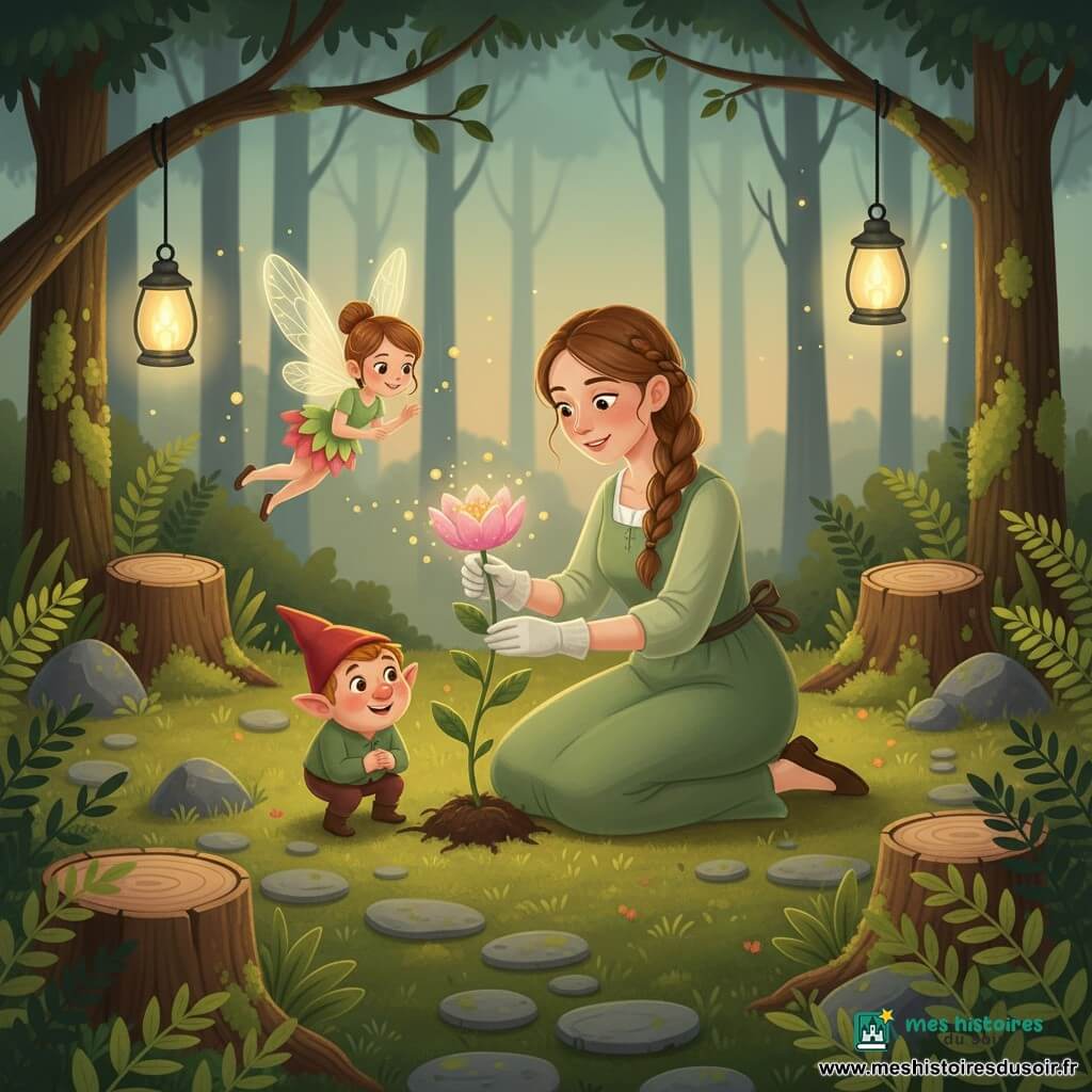 Amélie, jeune femme, sourit en replantant au centre d'une clairière forestière une fleur rosée émettant une lueur dorée; elle porte une robe vert clair, cheveux châtains tressés et petits gants en lin. Une petite fée lumineuse aux ailes translucides et robe en pétales vole près de son épaule en dispersant des éclats dorés, et un lutin rond au chapeau pointu rouge est accroupi près des racines. Ambiance magique et sereine au crépuscule, clairière mousseuse avec souches, fougères et lampes en verre, couleurs chaudes, style simple et lisible pour tout-petits.