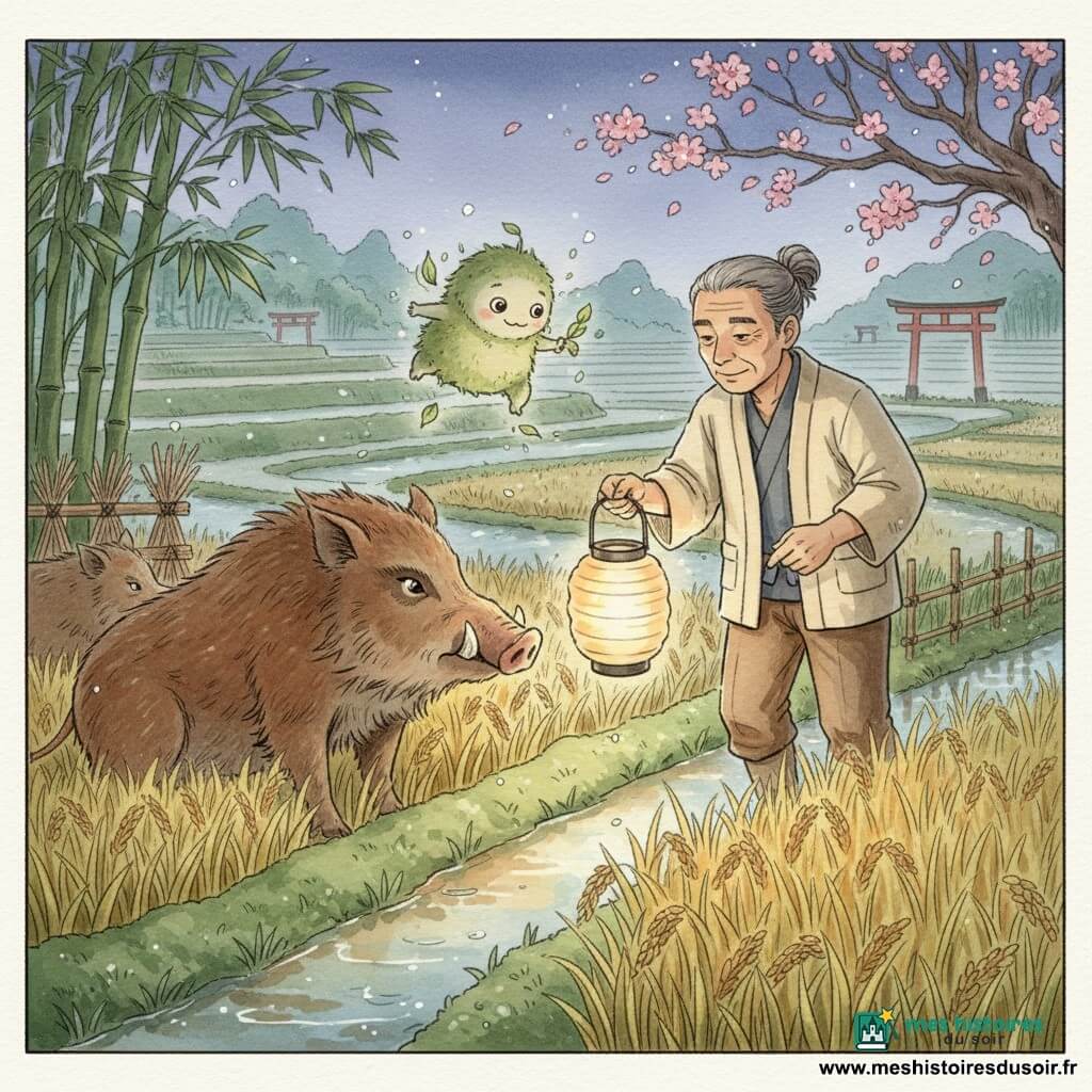 Kenji, vieil homme aux cheveux gris en chignon, tient une lanterne en papier et tend la main vers une femelle sanglier méfiante mais apaisée accroupie au bord d'une rizière en terrasses au crépuscule; un petit kodama lumineux descend d'un cerisier et observe la scène; ambiance tendre aux teintes ocres, verts moussus et bleu-lilas, brume légère et reflets d'eau.