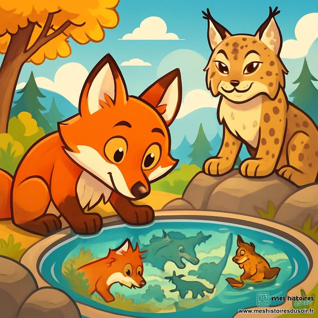 Un renard aux poils rutilants, Amadeus, se tient au bord d'un bassin d'eau cristalline, fasciné par son reflet où se dessinent des scènes de ses aventures. À proximité, un lynx majestueux nommé Hermès l'observe avec bienveillance, dégageant une aura de sagesse. Le décor est une clairière ensoleillée au sommet d'une montagne, entourée d'arbres aux feuilles dorées et de nuages cotonneux dans un ciel bleu éclatant. Amadeus découvre la vérité sur lui-même en regardant dans le bassin, tandis qu'Hermès lui offre des conseils sages, créant un moment de connexion et de réflexion profonde.
