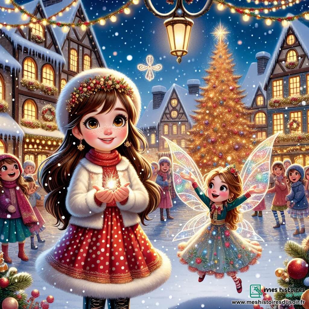 Lila, une petite fille de 9 ans aux cheveux châtains ornés d'étoiles dorées, se tient au centre de l'image, souriante et tenant un éclat de magie dans ses mains, entourée de flocons de neige. À ses côtés, Étoile, la fée de Noël, flotte avec ses ailes translucides et sa robe de pétales multicolores, souriant à Lila. En arrière-plan, le village de Lumière-en-Neige est recouvert de neige, avec des maisons en bois décorées et un grand sapin de Noël illuminé, où des enfants chantent des chants de Noël. La scène illustre la magie de Noël que Lila et Étoile s'apprêtent à partager avec le village.