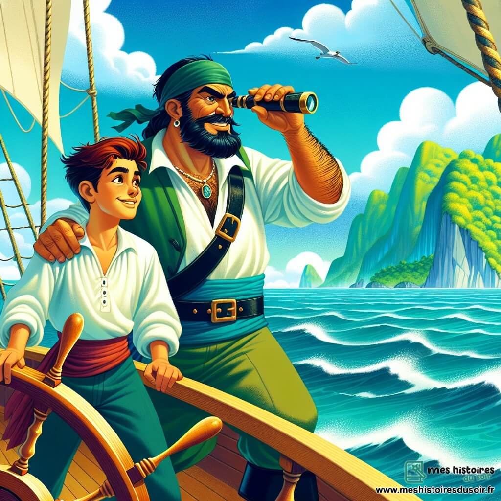 Le capitaine Alaric, un homme robuste d'une quarantaine d'années, se tient à la proue de son navire, le "Vent d'Argent". Sa barbe noire et sa chemise blanche flottent au vent, tandis qu'il scrute l'horizon avec une longue-vue, l'excitation dans les yeux. À ses côtés, Émile, son jeune second aux cheveux roux, ajuste les voiles et échange des regards complices avec Alaric. Le navire navigue sur une mer bleue sous un ciel dégagé, avec des falaises verdoyantes en arrière-plan, annonçant l'approche de l'Île Cachée. Ils ressentent une grande excitation à l'idée de découvrir le trésor caché qui les attend.