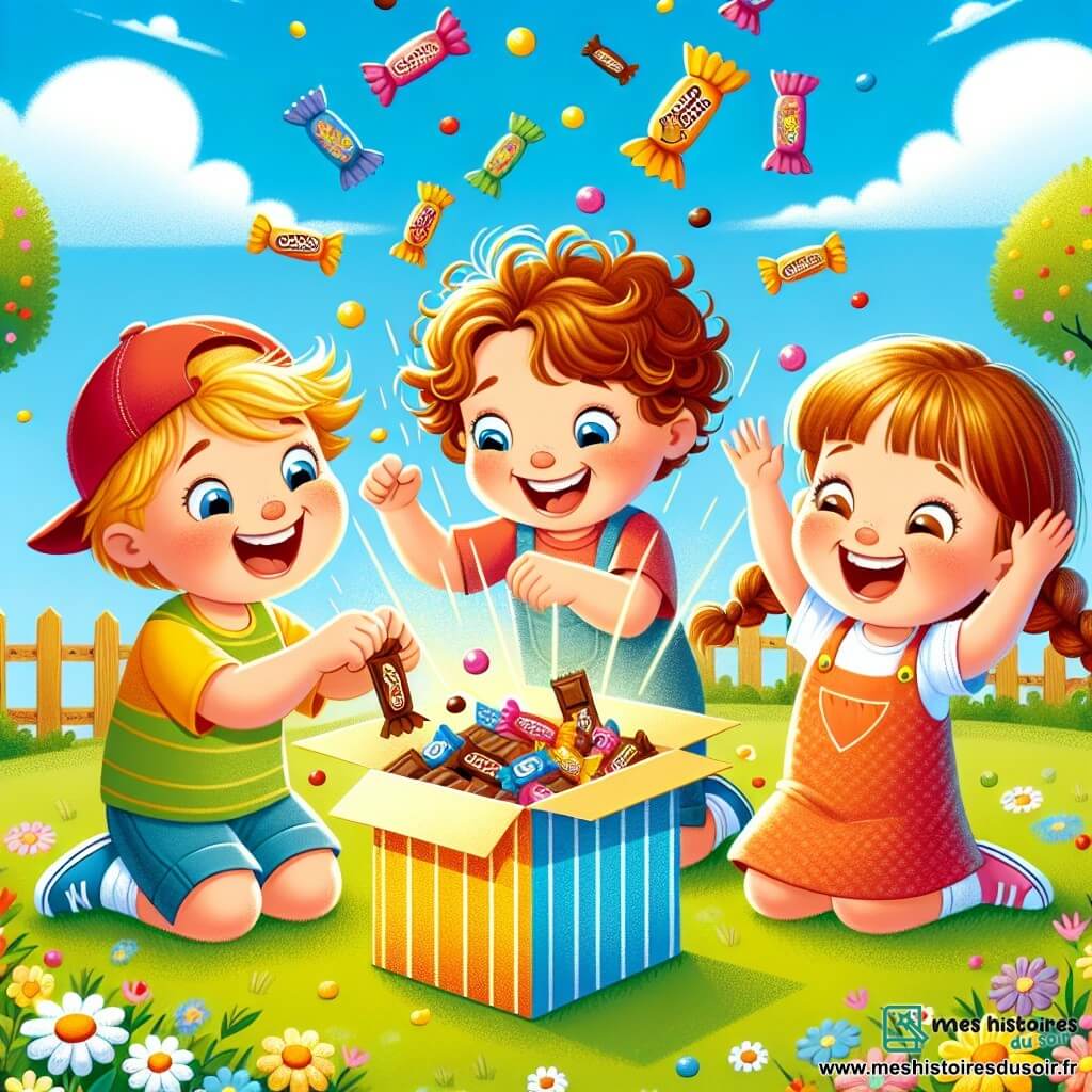 Léon, un petit garçon de 3 ans aux cheveux bouclés et dorés, se tient au centre de l'image, émerveillé par une boîte en carton colorée qui s'ouvre et laisse échapper des bonbons en chocolat. À sa droite, sa meilleure amie Zoé, également âgée de 3 ans, ramasse un bonbon avec enthousiasme. À gauche, Max, un garçon de 3 ans avec une casquette rouge, est prêt à sauter de joie. Le décor est un jardin ensoleillé avec des fleurs colorées et un ciel bleu. Les trois enfants, entourés de bonbons, rient et s'amusent, prêts à découvrir le mystère de la boîte magique.