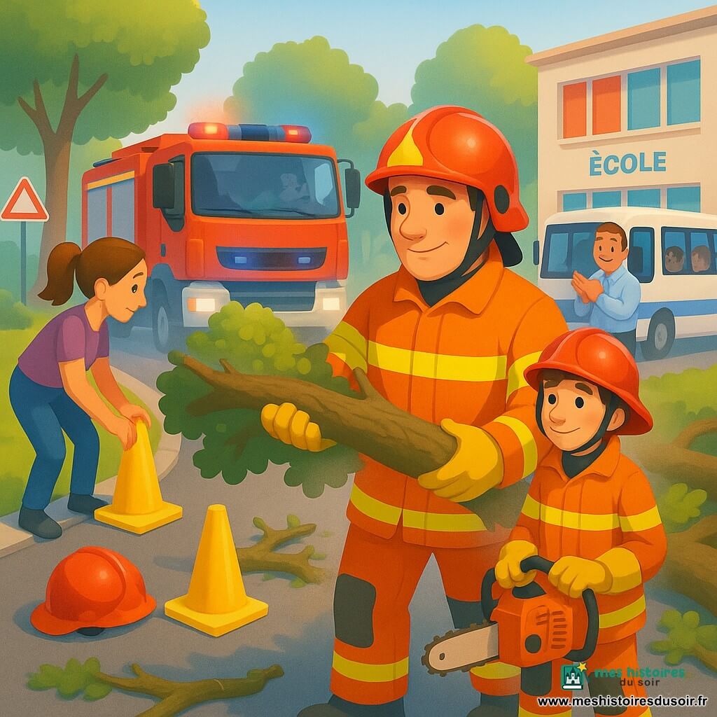 Un grand arbre tombé bloque la rue devant une école aux fenêtres colorées; des pompiers — un homme au casque rouge qui soulève une grosse branche, Léa aux cheveux attachés qui place des cônes jaunes et surveille, et Lucas, adolescent en tenue trop grande tenant une scie éteinte — dégagent les branches ensemble pendant qu’un chauffeur de bus applaudit près du bus scolaire blanc et bleu et que des enfants regardent aux fenêtres; atmosphère d’entraide calme, ciel bleu pâle, pelouses et panneaux, rendu en couleurs vives, formes douces, textures papier et ombres subtiles.