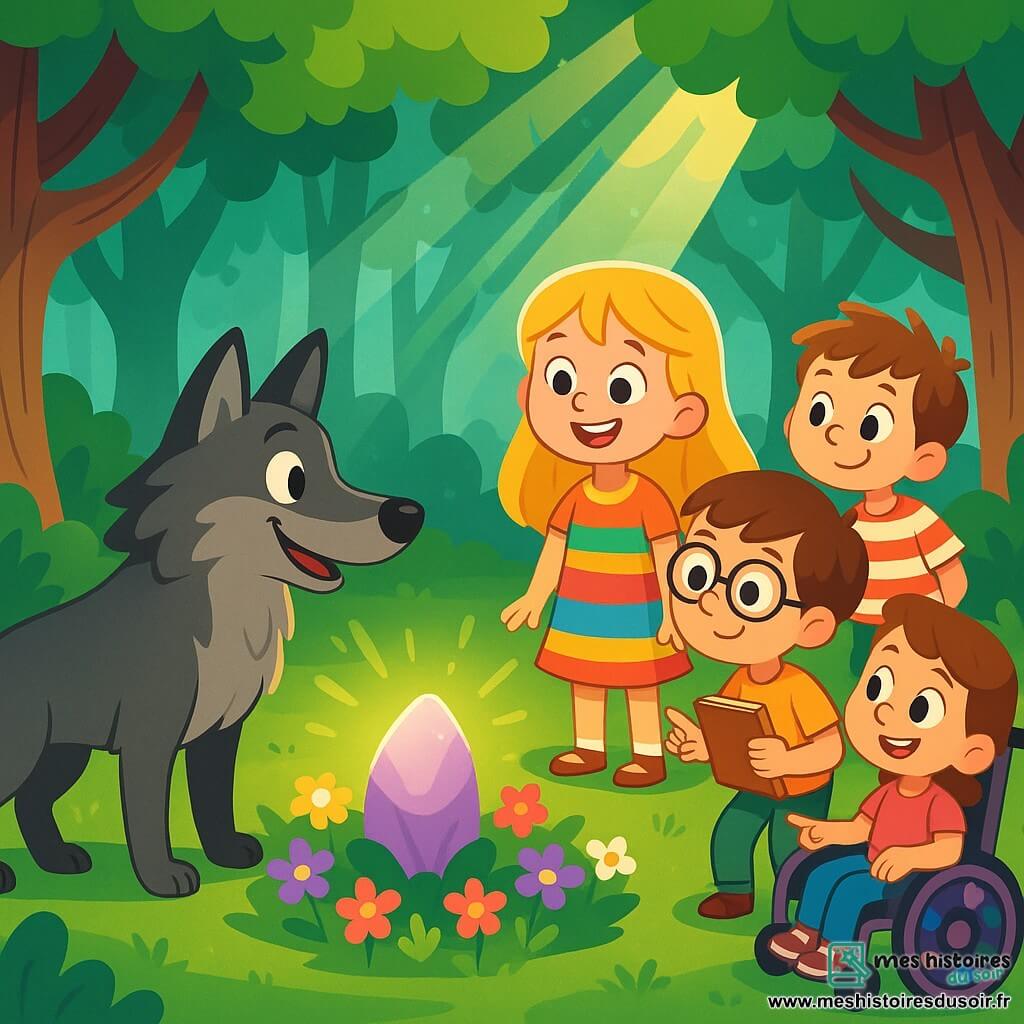 Quatre enfants se trouvent dans une clairière enchantée au cœur d'une forêt. Lucie, 8 ans, avec de longs cheveux dorés et une robe colorée, est fascinée par la scène. Hugo, 9 ans, porte des lunettes rondes et observe un loup avec curiosité. Léa, 8 ans, sourit depuis son fauteuil roulant décoré en pointant une pierre lumineuse. Tom, 7 ans, avec un air espiègle, est prêt à faire une blague. Au centre, une pierre lumineuse brille entourée de fleurs colorées, tandis que le Grand Méchant Loup, souriant, se présente comme un guide bienveillant, surprenant mais n'effrayant pas les enfants.