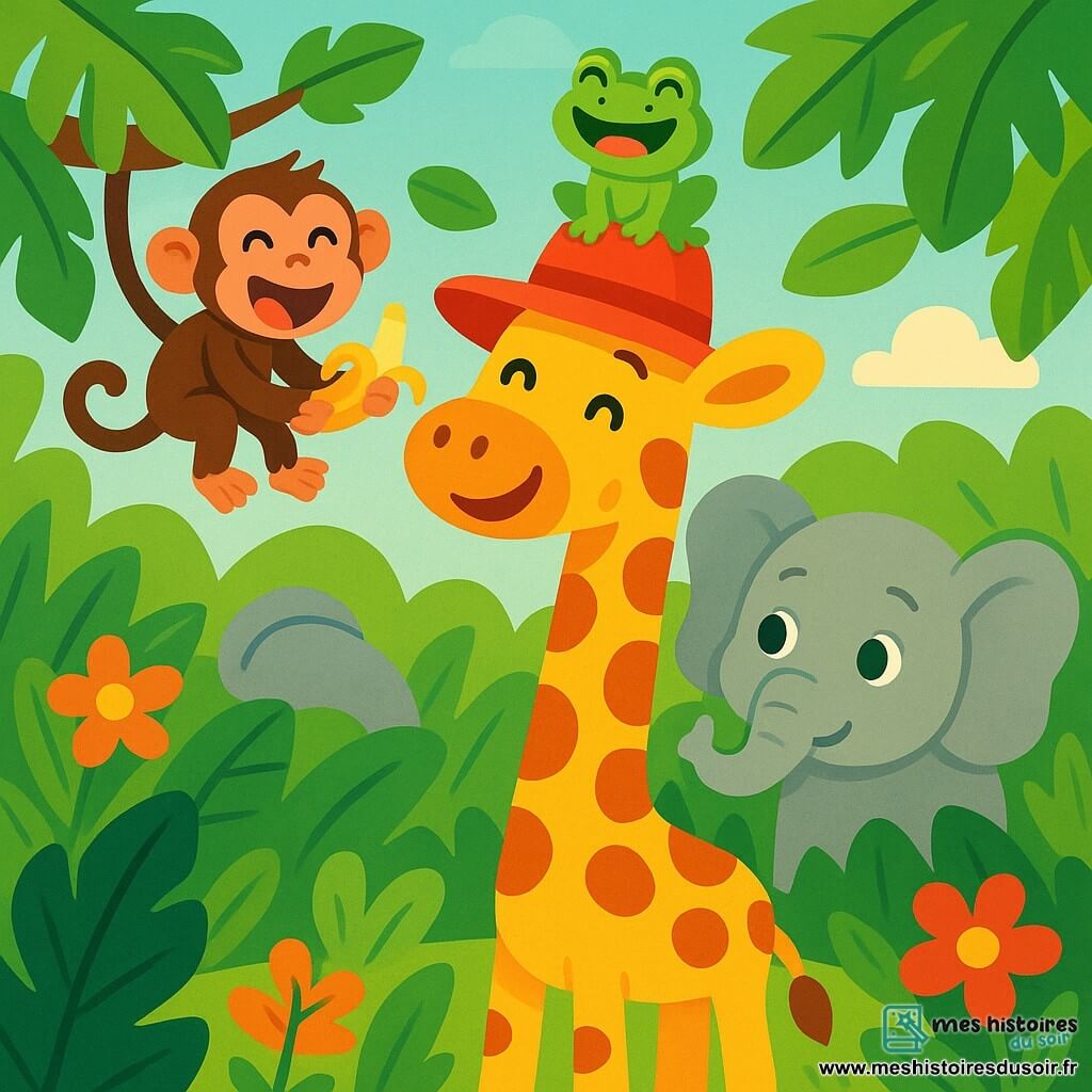 Gigi la girafe, avec son long cou tacheté et son chapeau rouge, sourit joyeusement. Elle se tient dans une jungle verdoyante, entourée de grandes feuilles et de fleurs colorées. Toto le singe, accroché à une branche au-dessus d'elle, rit en grignotant une banane. Mimi l’éléphant, à côté de Gigi, l'observe avec curiosité. Lili la grenouille, perchée sur sa tête, éclate de rire. La scène est ensoleillée et pleine de couleurs vives. Gigi cherche son chapeau rouge pendant que ses amis s'amusent autour d'elle, créant une ambiance joyeuse.