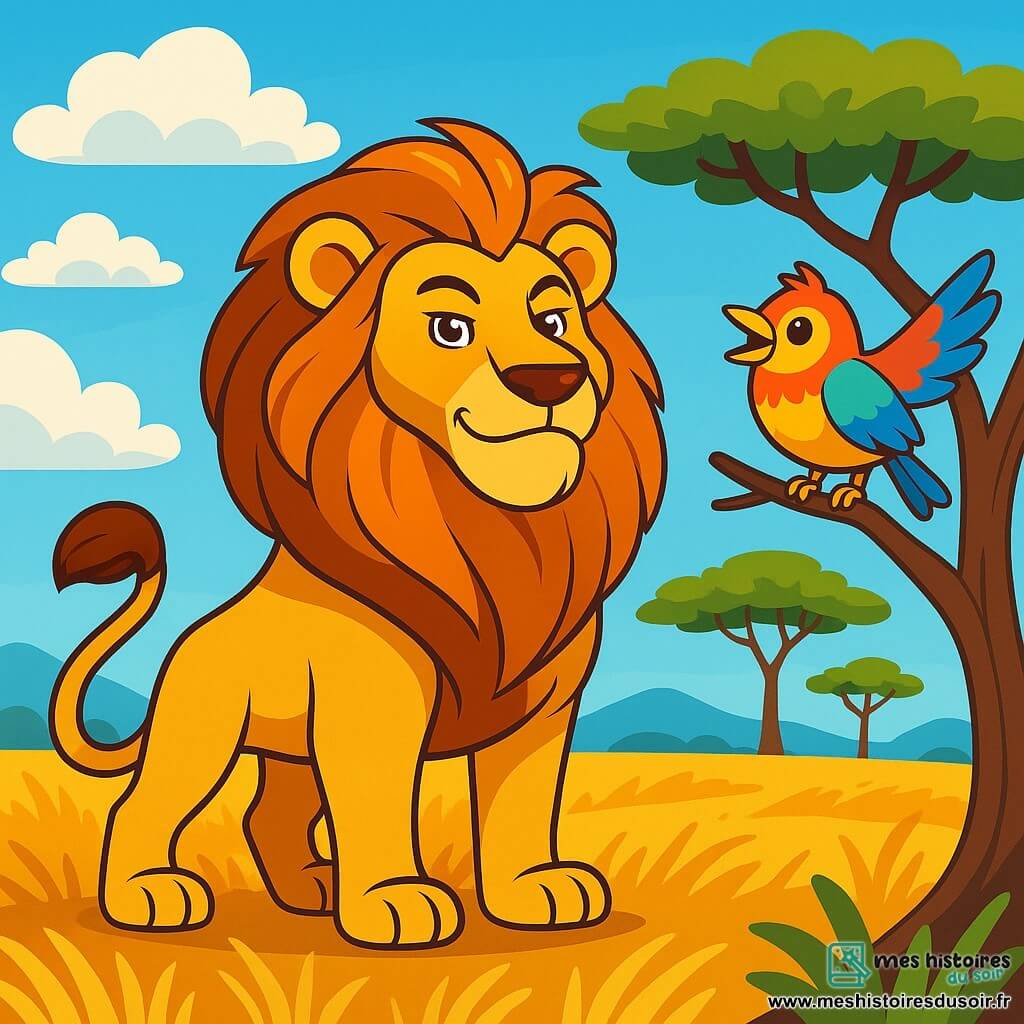 Un lion majestueux, avec une crinière dorée et des yeux brillants, se tient fièrement au centre de la savane, affichant une expression de fierté. À ses côtés, un petit oiseau aux plumes multicolores chante joyeusement sur une branche. En arrière-plan, un vaste paysage de savane s'étend avec des herbes dorées, des acacias et un ciel bleu parsemé de nuages. La scène montre le lion réalisant que sa force ne peut pas contrôler la liberté de ceux qui volent.