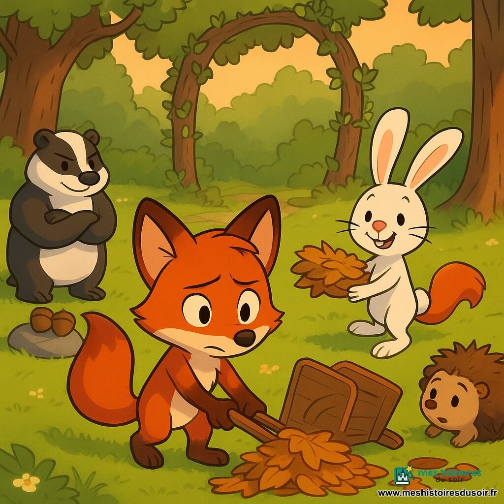 Un renard roux au pelage lustré, penaud mais déterminé, pousse un tas de feuilles avec une branche tandis qu’une lapine blanche au nez collant et une charrette renversée sourit malgré la confiture sur ses moustaches; à gauche un blaireau trapu aux bras croisés observe près de noisettes, une écureuil rousse glisse en portant des feuilles et un hérisson rond roule près d’un pot de confiture; dans une clairière herbeuse bordée d’arbres et d’un petit ruisseau, amis nettoient ensemble après une grosse blague, atmosphère chaleureuse et lumière douce de fin d’après-midi.