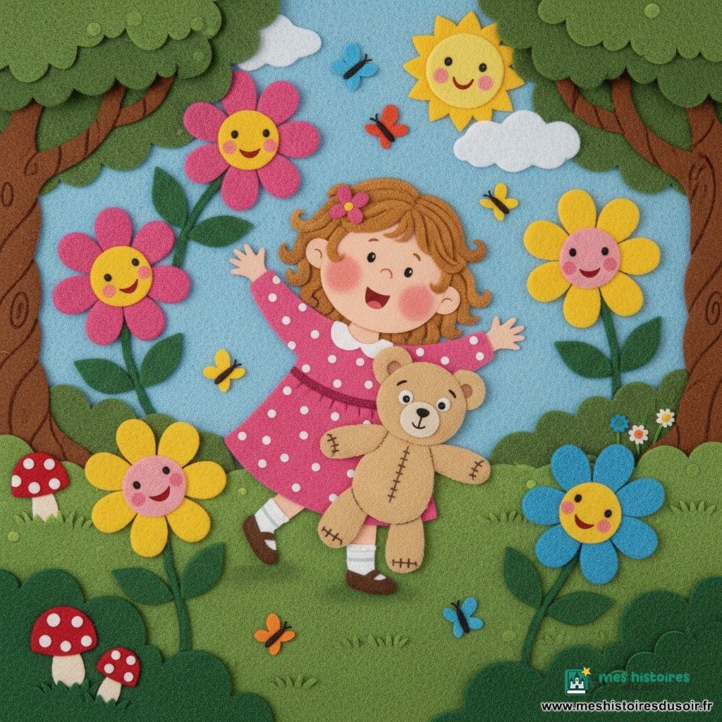 Une fillette de 2 ans, cheveux bouclés châtain clair, joues rondes, robe rose à pois blancs, souriante et émerveillée, danse au centre d’un cercle de grandes fleurs colorées (rose, jaune, bleu) aux visages rieurs pendant que son ours en peluche beige, Pompom, assis à côté d’elle, semble participer ; le décor est un jardin féerique aux arbres torsadés, champignons ronds, herbe en feutrine et petits papillons, ciel bleu clair et soleil souriant, ambiance ludique et textures douces rappelant un tableau de feutrine.