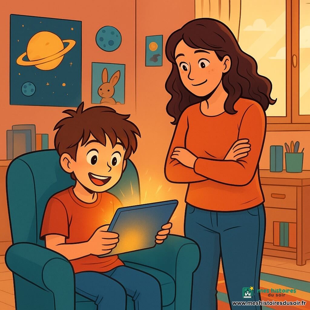 Lucas, un garçon de 12 ans aux cheveux châtains et ébouriffés, est assis sur un fauteuil confortable, les yeux brillants d'excitation et un grand sourire. Il tient une tablette lumineuse dans ses mains, tandis que sa maman, une femme d'une trentaine d'années aux cheveux longs et bouclés, l'observe avec fierté. La chambre est chaleureuse, décorée de posters de planètes et d'animaux, avec un tapis coloré et une lumière du soleil qui entre par la fenêtre. Des livres et des crayons sont éparpillés sur le bureau, illustrant l'équilibre entre apprentissage et jeu. Lucas découvre sa nouvelle tablette, émerveillé par ses possibilités, tandis que sa maman l'encourage, créant une atmosphère joyeuse.