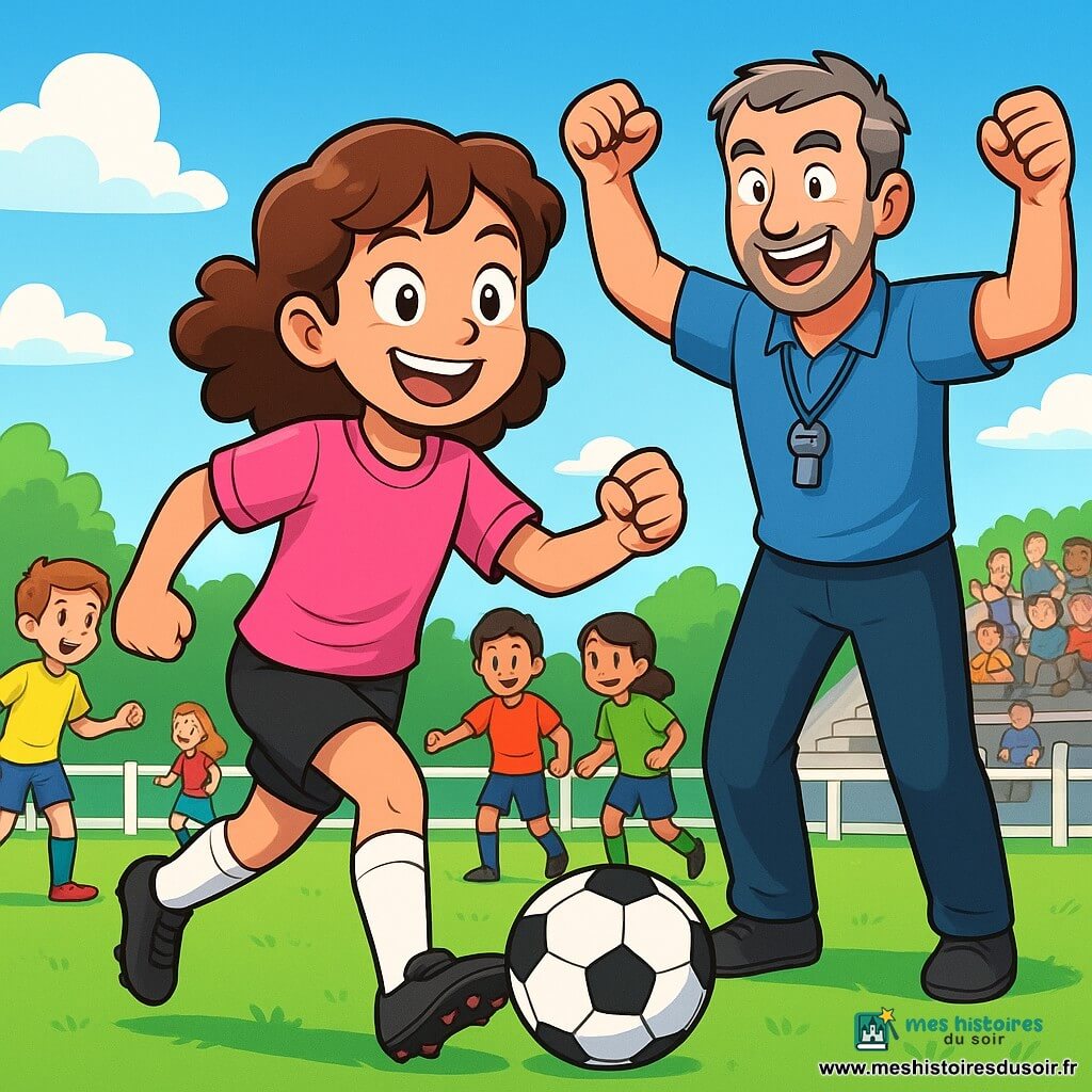 Zoé, une fille de 12 ans, est au centre de l'image, avec des cheveux bruns et bouclés, en maillot de football rose et short noir. Elle sourit, excitée, dribblant un ballon sur le terrain. Son entraîneur, un homme d'une quarantaine d'années avec des cheveux grisonnants et un sifflet, l'encourage fièrement. En arrière-plan, un groupe d'enfants s'entraîne en faisant des passes, vêtus de maillots colorés. Le terrain est verdoyant, entouré de barrières blanches, sous un ciel bleu avec quelques nuages. Des spectateurs applaudissent dans les gradins. Zoé est concentrée et déterminée, prête à marquer un but, tandis que ses coéquipiers l'observent avec admiration.