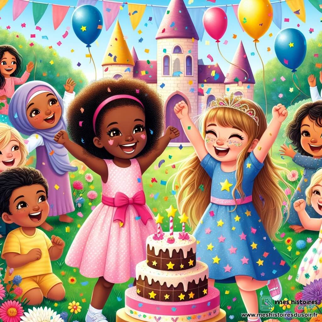 Deux petites filles de trois ans, Lina et Zoé, sont au centre de l'image. Lina, avec de longs cheveux bruns et une robe rose à pois, sourit en tenant un gâteau au chocolat décoré d'étoiles en sucre. À côté d'elle, Zoé, avec des cheveux blonds en couettes et une robe bleue, lève les bras, entourée de confettis multicolores. Le décor est un jardin verdoyant avec des fleurs colorées et un grand château gonflable en arrière-plan. Des ballons flottent et des voisins dansent autour d'elles, créant une atmosphère festive. La scène montre Lina et Zoé célébrant l'anniversaire de Lina, entourées de leurs amis, sous une pluie de confettis, capturant la magie et la joie de cette journée spéciale.