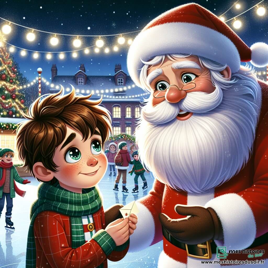 Un garçon de 9 ans, Tom, aux cheveux châtains et aux yeux curieux, se tient devant un grand sapin de Noël illuminé, tenant une lettre. Son visage exprime une joyeuse détermination. À côté de lui, le Père Noël, un homme jovial d'environ 60 ans avec une longue barbe blanche et un costume rouge, sourit chaleureusement à Tom, prêt à l'écouter. Le lieu est une place centrale animée, décorée de guirlandes lumineuses et de stands de marché de Noël, où des enfants patinent sur une patinoire. Tom remet la lettre au Père Noël, un moment rempli d'espoir et de magie, alors que des flocons de neige tombent doucement autour d'eux.