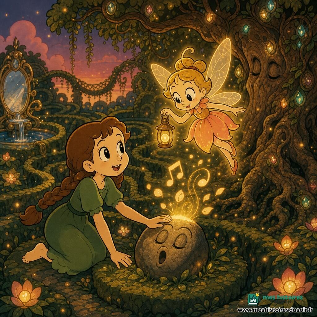 La fée Lume, minuscule et lumineuse, ailes translucides nervurées, robe en pétales orange-rose, visage doux et souriant tenant une petite lanterne dorée, paraît bienveillante et penchée en avant pour guider; Miralune, fille d’environ 10 ans aux cheveux bruns en tresse, robe verte simple et pieds nus, est agenouillée en posant la main sur une pierre chantante, le regard émerveillé tourné vers Lume; en arrière-plan à droite se dresse un vieux chêne massif à écorce ridée et racines entremêlées, feuilles scintillantes comme des bijoux; autour, le Labyrinthe des Souffles avec allées de mousse, haies ondulantes, lianes en ponts, poussière dorée flottante, fleurs luminescentes et une fontaine-miroir partiellement visible à gauche; Lume éclaire la pierre où Miralune pose la main, de petites notes musicales et pétales dorés s’élèvent, l’atmosphère est magique, calme et baignée de couleurs chaudes (or, vert profond, rose crépuscule).