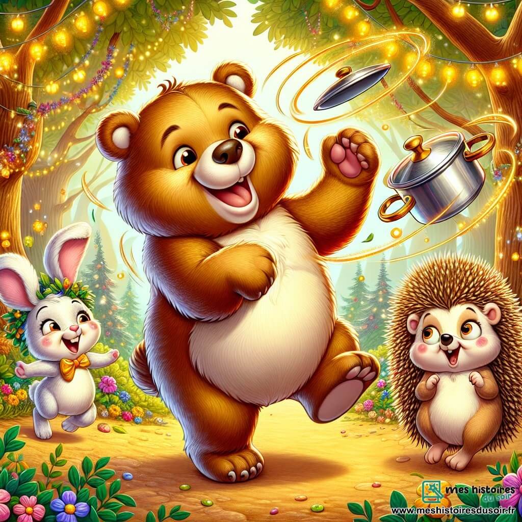 Illustration d'un grand ours brun au pelage doré, aux yeux malicieux et au large sourire, dansant joyeusement autour d'une casserole virevoltant dans les airs. Près de lui, un petit lapin blanc aux grandes oreilles applaudit en riant, tandis qu'un hérisson surpris tente une pirouette maladroite. La scène se déroule dans une forêt magique, illuminée par une lumière dorée, avec de grands arbres, des feuilles vertes éclatantes, des fleurs colorées et des lanternes scintillantes. L'ours danse avec enthousiasme, créant une ambiance festive entourée d'amis animaux. Des guirlandes de fleurs, des éclats de rire représentés par des bulles de dialogue et des étoiles scintillantes ajoutent une touche magique à cette fête animée.