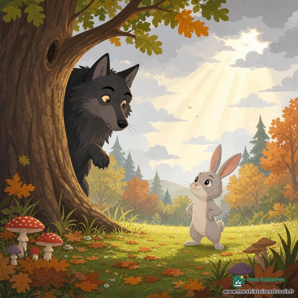 Théo, petit lapin au pelage gris clair velouté, grandes oreilles droites et yeux en forme d'étoile, sûr de lui et tranquille, debout sur ses pattes arrière poitrine en avant, fait face à un grand loup stylisé réaliste à fourrure gris anthracite et yeux dorés perçants, surpris et intrigué, reculé derrière un gros chêne à gauche la patte levée comme hésitant; la scène se déroule dans une clairière avec herbe mouillée de rosée, tapis de feuilles automnales orange et marron, champignons colorés et rayons de soleil dorés perçant des nuages gris clair; confrontation pacifique où le lapin tient sa position et le loup s'arrête, atmosphère douce et légèrement dramatique; plan mi-large au niveau des yeux, espace négatif autour pour valoriser la clairière, formes simples et contours nets, palette pastel chaude à contrastes doux; style vecteurs plats, ombres minimalistes, lignes nettes, sans texture réaliste, rendu lisible et adapté aux enfants.