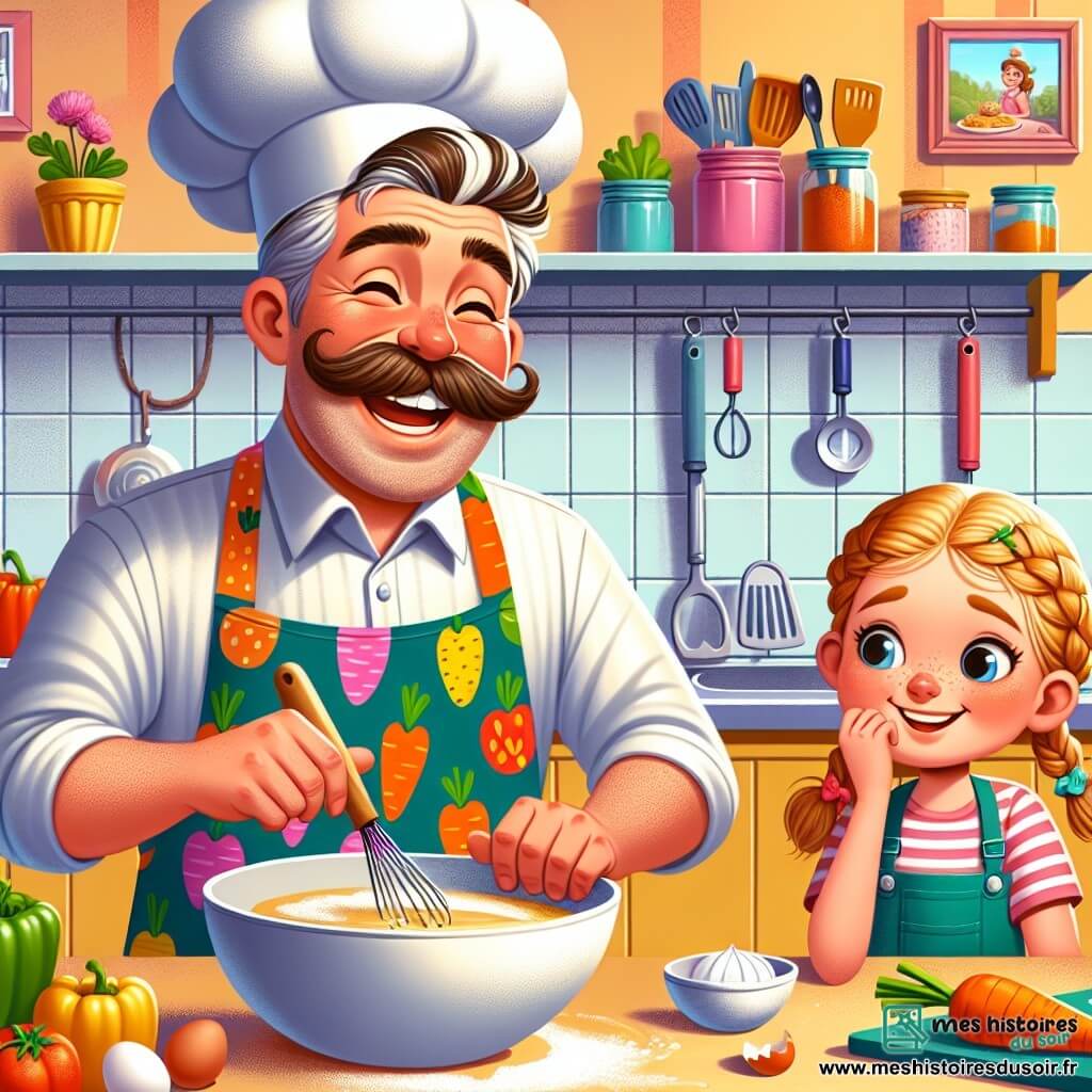 Un chef cuisinier jovial avec une toque blanche sourit largement en mélangeant une pâte dans un grand saladier, entouré de légumes frais et d'ustensiles de cuisine. À ses côtés, Lily, une petite fille de 7 ans avec des cheveux blonds en tresses, observe avec émerveillement, tenant une carotte. Max, un garçon de 6 ans aux cheveux châtains, est accroupi près d'une boîte d'œufs, prêt à apprendre à casser un œuf. La scène se déroule dans une cuisine lumineuse aux murs jaunes, remplie de pots d'épices et de fleurs. Le chef Gaston et les enfants préparent un festin, riant et échangeant des idées dans une atmosphère joyeuse.
