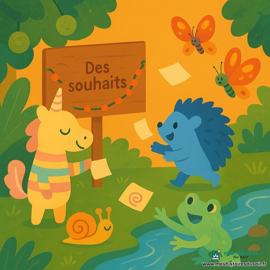 Lumo, petit animal imaginaire à cornes en sucre et queue en plume, sourit serein en pull rayé pastel en tenant une étiquette accrochée au panneau des souhaits; Plic, hérisson bleu rond, roule près du panneau pour protéger une étiquette volante; Dame Bulle, grenouille translucide surprise, est accroupie au ruisseau prête à attraper une étiquette; deux sœurs Papillunes, papillons tachetés, forment un cercle en riant autour d'une étiquette en vol; un escargot à coquille dorée trace une spirale violette sur une petite étiquette sur l'herbe; la clairière chaleureuse — feuilles texturées, ruisseau scintillant, lanternes de mousse, cailloux chantants et grand panneau décoré — baigne dans la lumière dorée du crépuscule; une étiquette de vœu s'envole au vent joueur et tous coopèrent, gestes précis et expressions gaies, pour la rattraper; couleurs vives en aplats, contours doux, composition simple et festive.