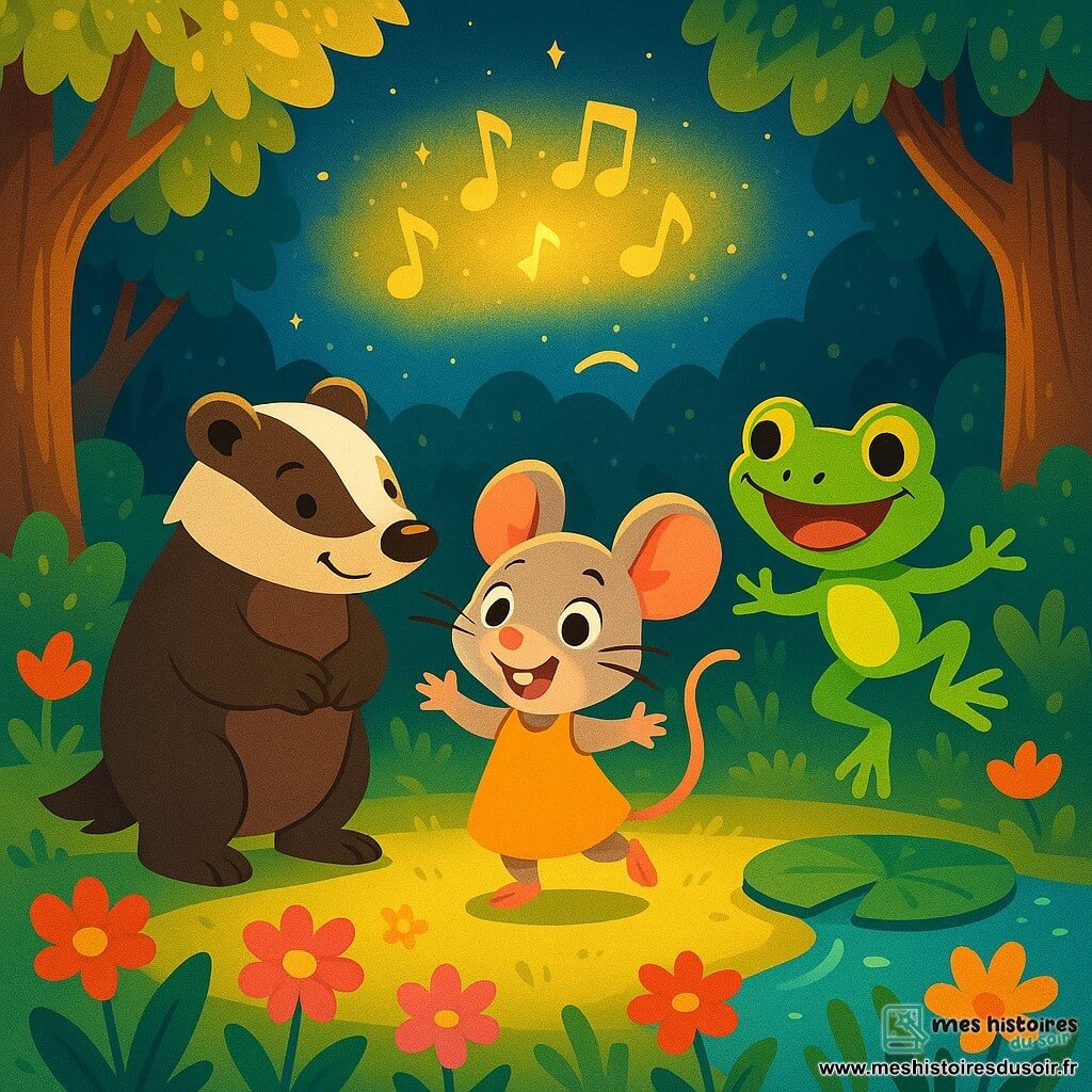 Célestine, une petite souris aux yeux pétillants et à la queue frétillante, se tient au centre d'une clairière magique, le sourire rayonnant. À ses côtés, Gustave, un blaireau au pelage brun, l'observe avec encouragement, tandis que Lila, une grenouille colorée, saute joyeusement sur un nénuphar. La clairière est illuminée par une lumière dorée, entourée d'arbres majestueux et de fleurs éclatantes. Ils se sont réunis pour célébrer leur amitié sous un ciel étoilé, remplis de rires et de musique.