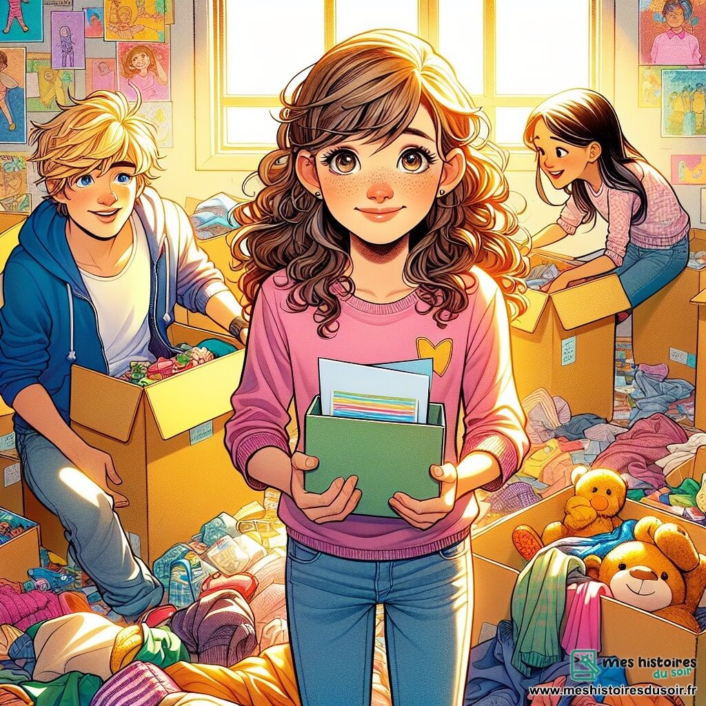 Maëlle, une fille de 12 ans aux cheveux bruns bouclés et aux yeux curieux, se tient au centre de l'image, souriante et enthousiaste, entourée de cartons colorés. Elle porte un t-shirt rose et un jean, tenant une lettre pleine d'espoir. À ses côtés, Lucas, un garçon de 12 ans aux cheveux blonds et lunettes, admire en tenant un carton de jouets. Laura, une fille de 11 ans aux cheveux longs et lisses, porte un pull bleu et aide à trier des vêtements avec un sourire. La scène se déroule dans une salle de classe lumineuse, avec des affiches colorées et des fenêtres laissant entrer la lumière, où ils rassemblent des dons pour des familles dans le besoin, créant une atmosphère de solidarité et de joie.