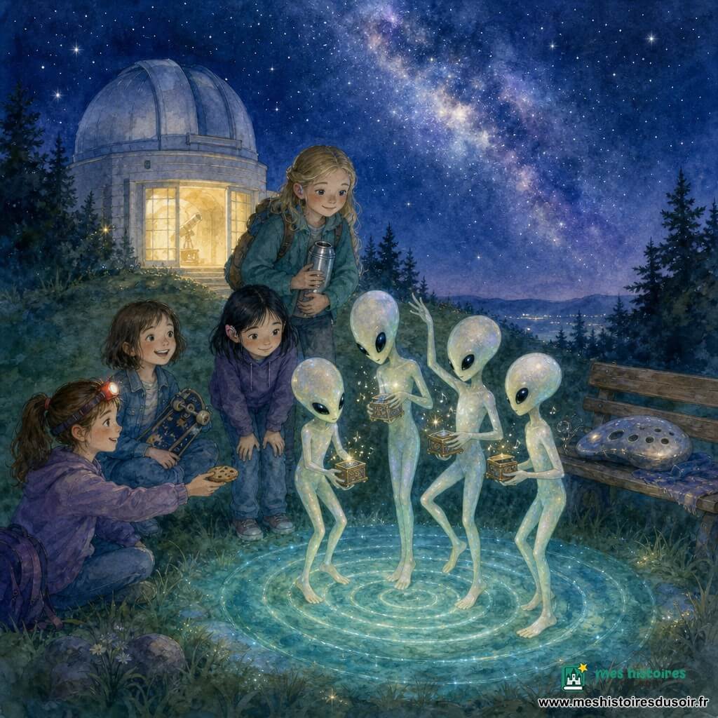 Sept personnages : quatre filles de 9 ans — Lila, brune en queue de cheval avec une lampe frontale rouge clignotante, assise à gauche du tapis et tendant un cookie ; Nora, cheveux courts, tenant une planche à roulettes pliée à sa droite, souriante ; Jade, cheveux noirs lisses, appareillée auditive rose à l'oreille droite, debout au centre, mains sur les genoux, curieuse ; Séréna, blonde, sac à dos et thermos, en retrait comme guide protectrice — et trois extraterrestres élancés couleur nacre avec grands yeux noirs et doigts longs, inclinant la tête et tenant de petites boîtes à musique scintillantes, debout sur un tapis lumineux en spirale. Scène au sommet d'une colline la nuit devant un observatoire à coupole blanche aux portes vitrées éclairées, banc en bois à droite du tapis, herbe verte, quelques arbres sombres et un ciel étoilé avec une Voie lactée brillante ; le tapis émet des anneaux de lumière bleu-vert comme une piste d'atterrissage miniature. Rencontre douce et silencieuse : les filles partagent un cookie avec les visiteurs, qui répondent par une petite danse et déposent une pierre-instrument brillante sur le banc, ambiance calme et émerveillement, lumière chaude de l'observatoire contrastant avec les bleus verts du tapis et le ciel profond.