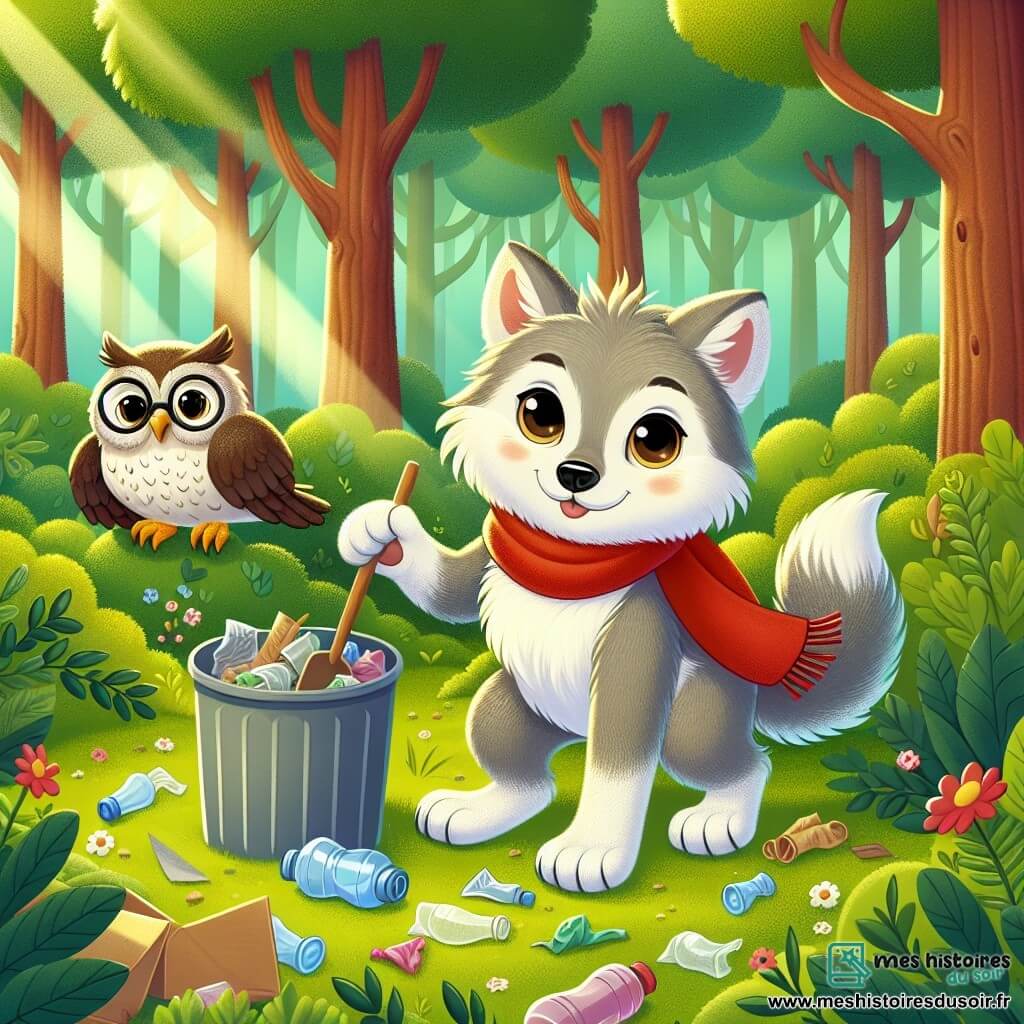 Un petit loup nommé Léo, avec un pelage gris doux et des yeux curieux, ramasse des déchets dans une forêt verdoyante. Il porte une écharpe rouge et affiche une expression joyeuse et déterminée. À ses côtés, Téo le hibou, perché sur une branche avec de grandes lunettes rondes et des plumes brunes, observe Léo avec un sourire fier tout en lui donnant des conseils sur la protection de la nature. La scène se déroule dans une forêt enchantée, pleine d'arbres majestueux, de fleurs colorées et de rayons de soleil, créant une ambiance chaleureuse. Léo et Téo travaillent ensemble pour nettoyer la forêt, soulignant l'importance de préserver leur environnement.