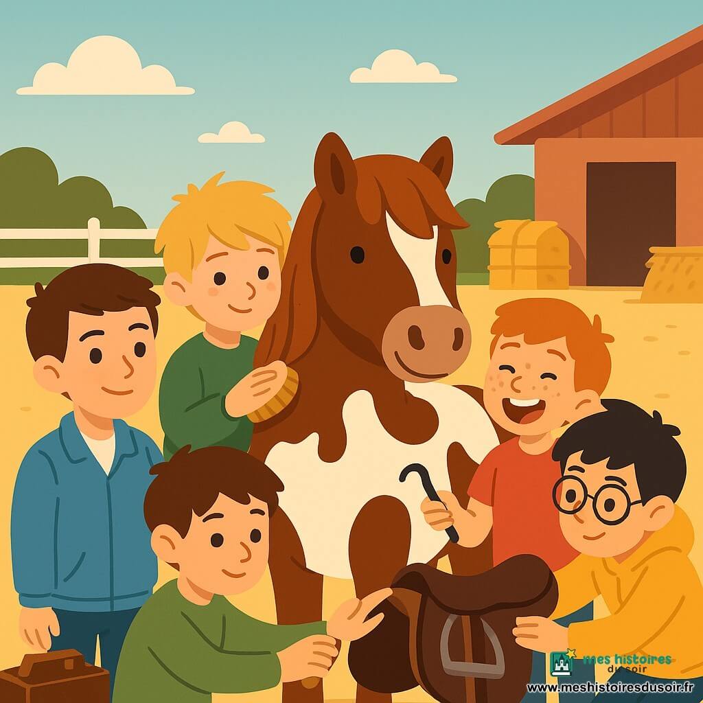 Cinq personnages : Simon (garçon 9 ans, cheveux bruns courts, sourire confiant, veste bleu clair) à gauche caressant la nuque du poney avec la main droite ; Noé (garçon 9 ans, cheveux blonds en bataille, air timide, pull vert) centre-gauche, brossant l’encolure ; Thomas (garçon 9 ans, cheveux roux, taches de rousseur, t-shirt rouge) centre-droit, tenant un cure-pied en riant ; Léo (garçon 9 ans, cheveux noirs, lunettes rondes, sweat jaune) à droite, penché pour aider à poser la selle ; et le poney Biscotte (petit poney pie, crinière en mèches douces, regard calme) au centre, immobile et détendu. Lieu : écurie et manège en arrière-plan avec sol de sable pâle, barrières blanches, tas de foin, boîte à outils et râtelier, ciel matinal doux. Scène : les garçons s’occupent du poney avant la promenade (brossage, vérification des sabots, pose de la selle), composition en demi-cercle, lumière douce du matin, formes simples et couleurs vives et contrastées.