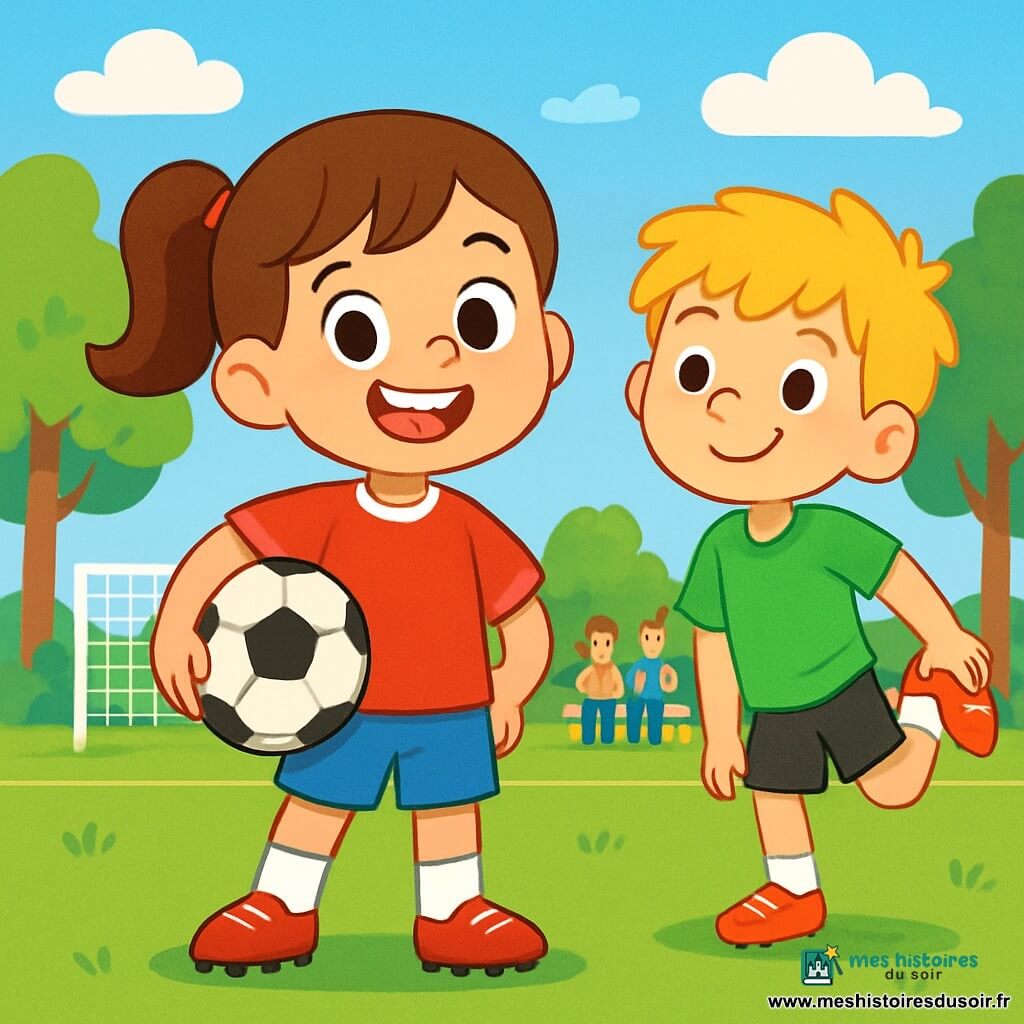 Lola, une jeune fille de 8 ans avec des cheveux bruns en queue de cheval et un grand sourire, est au centre de l'image. Elle porte un maillot de football rouge et un short bleu, tenant un ballon sous son bras. À côté, son ami Max, un garçon de 9 ans aux cheveux blonds en désordre, s'échauffe en faisant des étirements, vêtu d'un maillot vert et de shorts noirs, tout en souriant à Lola. La scène se déroule sur un terrain de football verdoyant, entouré d'arbres et d'un ciel bleu avec des nuages blancs, où des parents applaudissent au loin. Lola et Max sont prêts pour leur match, pleins d'énergie et d'enthousiasme, tandis que d'autres enfants s'alignent sur le terrain.