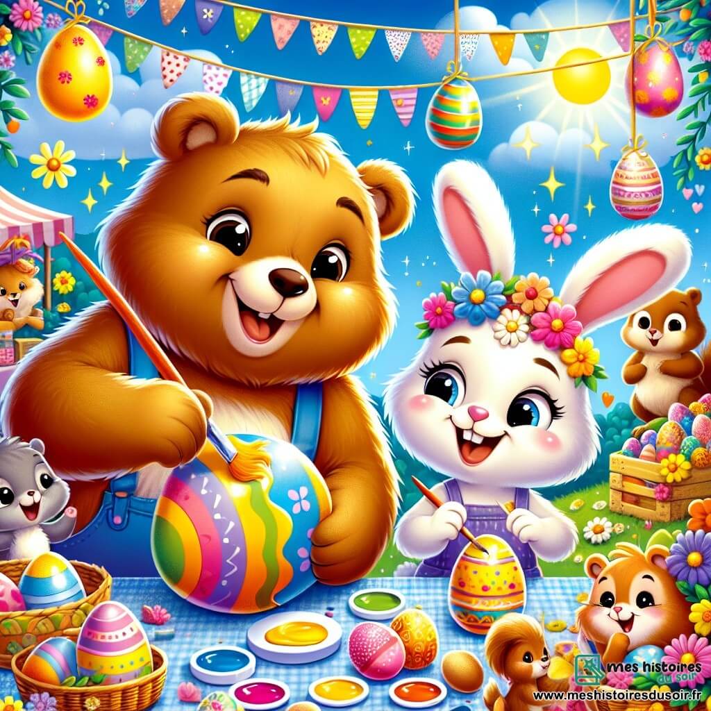 Un ours joyeux nommé Oscar, avec un pelage doré et des yeux pétillants, peint des œufs de Pâques colorés avec un grand sourire. À ses côtés, une petite lapine nommée Lila, avec de grandes oreilles et un pelage blanc, rit en ajoutant des fleurs sur un œuf. Le décor est un marché de Pâques animé, rempli de stands colorés, de fleurs éclatantes et de douceurs, sous un ciel bleu ensoleillé. Oscar et Lila sont entourés d'œufs décorés, tandis qu'un écureuil curieux et un hérisson amusé les regardent, impatients de participer à la fête. La scène dégage une atmosphère joyeuse et festive.