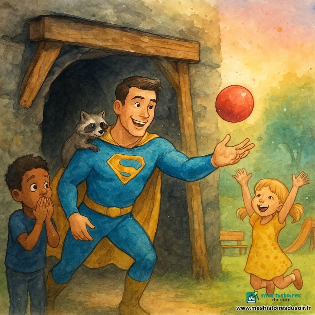 Un homme nommé Éclair, visage ouvert et souriant, costume bleu et cape dorée, tend la main pour attraper un ballon rouge coincé entre deux poutres en bois ; muscles souples, cheveux bruns courts, poussière sur ses bottes. Un garçon d’environ 8 ans, cheveux noirs courts, yeux émerveillés, se tient à gauche, mains devant la bouche, et une fille d’environ 6 ans, cheveux blonds en couettes, robe jaune tachetée, saute de joie à droite. Un petit raton laveur gris-brun, humide et reconnaissant, est perché sur l’épaule d’Éclair. Lieu : entrée d’une vieille mine en pierre foncée avec poutres en bois patinées, herbe du parc, toboggan et banc en arrière-plan, ciel pastel au coucher du soleil. Situation héroïque et chaleureuse : Éclair récupère le ballon et sauve le raton laveur pendant que les enfants acclament ; touches d’aquarelle suggèrent poussière et lumière dorée du crépuscule.