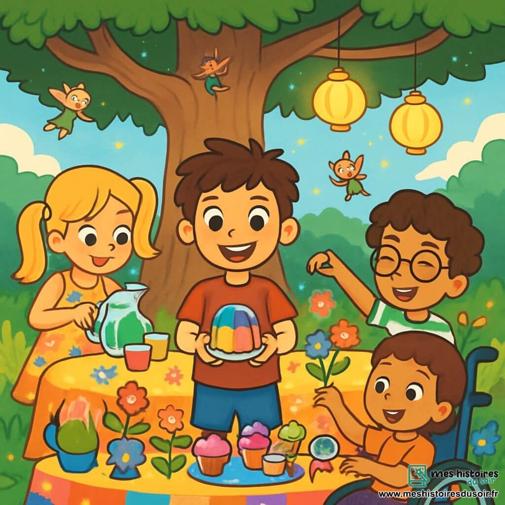 Quatre enfants se préparent pour une fête des pères enchantée sous un grand chêne. Léo, 10 ans, est au centre avec une gelée colorée, Mia, 9 ans, verse du jus dans des gobelets, Hugo, 10 ans, décore la table avec des fleurs, et Élise, 9 ans, assise dans son fauteuil roulant, saupoudre de la poussière de fée sur les friandises. La table est colorée et ornée de fleurs dansantes, tandis que des lanternes illuminent l'espace. L'atmosphère est joyeuse, remplie de rires et de magie.