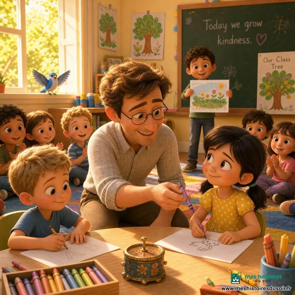 Un instituteur souriant et bienveillant, visage rond, lunettes fines, cheveux châtain clair en bataille, chemise à carreaux, s'agenouille et tend un crayon violet à Lina, une fillette d'environ six ans aux cheveux en couette et robe jaune à pois; elle tient le crayon et dessine un petit chat, timide devenue confiante. À côté, Tom, environ sept ans, blond en t‑shirt bleu, est guidé par l'enseignant pour tracer des lettres, concentré et souriant. Sami, environ six ans, peau mate et pull vert, montre en arrière-plan un dessin de jardin, réservé mais fier. D'autres enfants (5–7 ans) sont assis en cercle sur un tapis coloré et applaudissent doucement. La classe lumineuse a de grandes fenêtres ouvertes, un soleil matinal doré, tableaux couverts de dessins, étagères en bois avec boîtes à crayons et une petite boîte à musique; un oiseau bleu entre par la fenêtre. Moment chaleureux où l'instituteur donne un crayon magique et aide les enfants à montrer ce dont ils sont fiers, ambiance calme et joyeuse, couleurs chaudes et composition centrée sur l'échange entre l'instituteur et Lina.