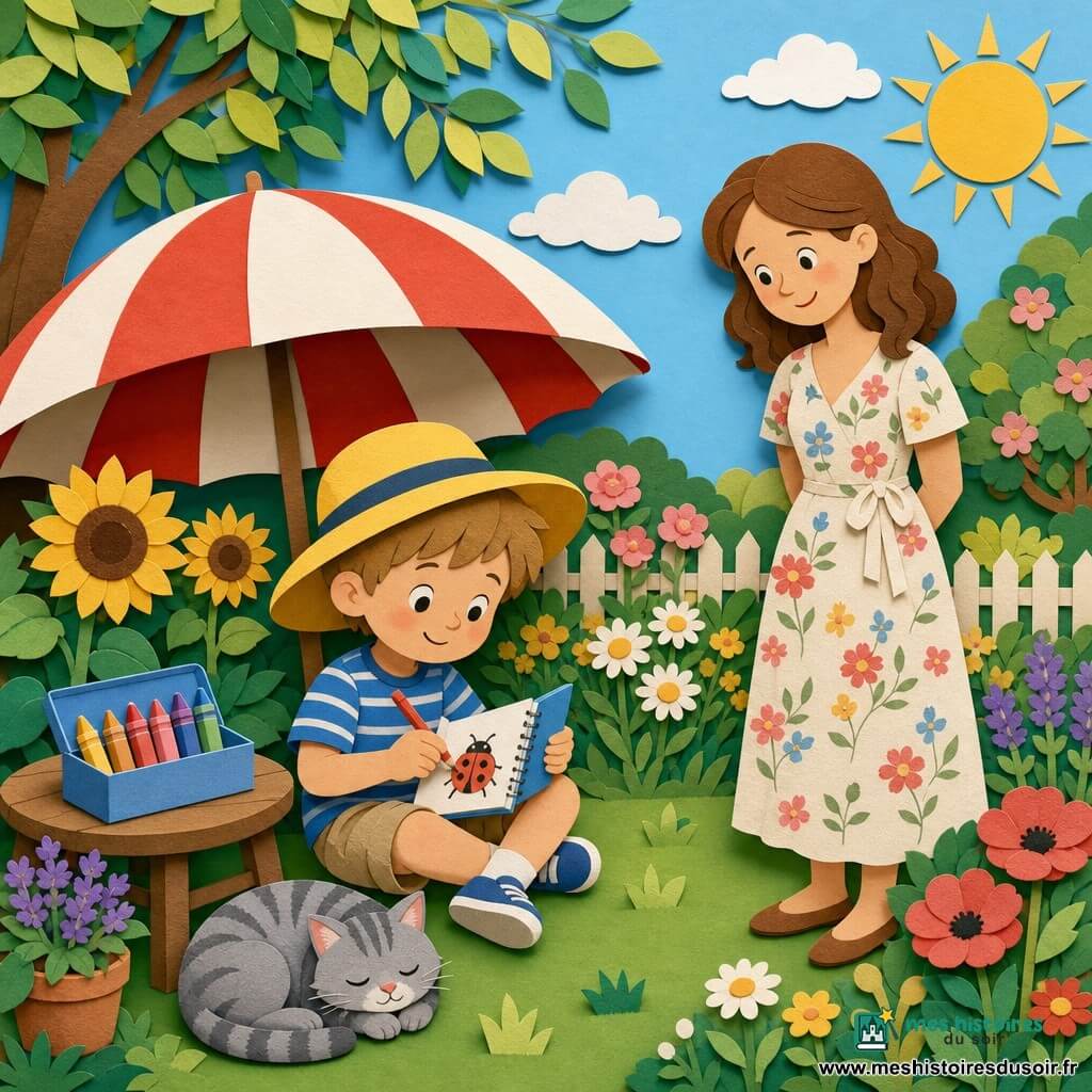 Un garçon de 4 ans, souriant et concentré, porte un grand chapeau jaune, une chemise à rayures bleues et un short kaki; assis sous un parasol rouge et blanc, il dessine une coccinelle dans un petit carnet bleu avec un crayon rouge. Sa mère d'environ 30 ans, cheveux châtain et robe légère à fleurs, le regarde avec tendresse. Un chat gris tigré dort en boule sur l'herbe près de lui. Jardin lumineux: pelouse verte, tournesols et marguerites, petite table en bois avec une boîte de crayons; soleil chaud, quelques nuages et une brise qui fait danser les feuilles. Scène d'été paisible, couleurs vives et textures de papier découpé.