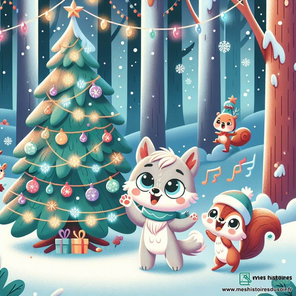 Un petit loup nommé Léo, avec un pelage gris clair et un grand sourire, chante joyeusement autour d'un sapin de Noël décoré. À ses côtés, un écureuil nommé Sacha, avec un pelage roux, saute de joie en tenant une marionnette. La scène se déroule dans une forêt enchantée sous la neige, avec des arbres ornés de lumières et des étoiles brillantes. Léo et Sacha, entourés d'amis animaux, célèbrent la magie de Noël en chantant des chants joyeux, créant une atmosphère festive.