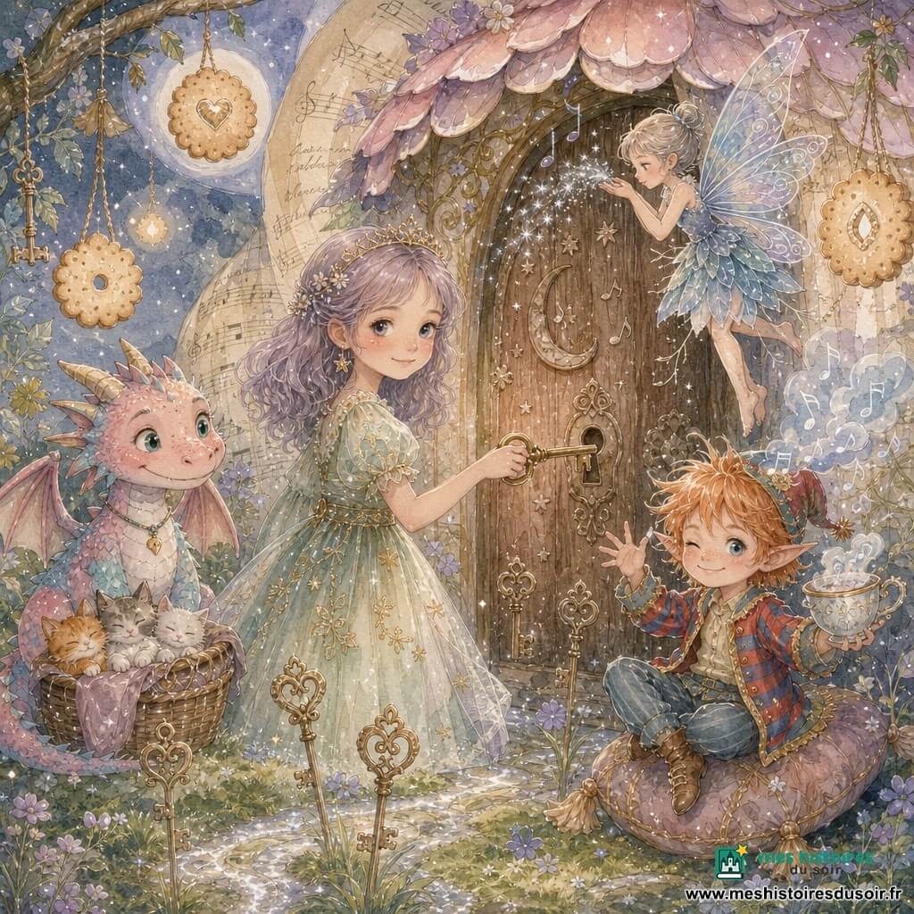Princesse d'environ 10 ans au visage rond et cheveux lavande mi-longs, en robe en tulle vert pâle à broderies dorées, souriante, tenant une clé brillante en laiton qu'elle insère dans une porte en bois étoilé; à sa droite, un petit lutin de 7 ans aux cheveux orange et veste rayée rouge et bleu, perché sur un coussin, faisant un clin d'œil et agitant une tasse de thé d'où s'échappent des notes musicales en mini-nuages; une fée aux ailes irisées et robe de pétales bleus vole au-dessus de la clé en soufflant des étincelles argentées; en arrière-plan gauche, un petit dragon pastel rose et turquoise, taille de chien, tient un panier de chats ronfleurs, l'air bienveillant; décor : pavillon en papier-lune au toit de pétales, sol de mousse verte parcouru de sentiers argentés, clés plantées comme des fleurs et lampions-biscuits; ambiance douce en tons pastels, textures aquarelle floues avec accents précis au stylo gel blanc.