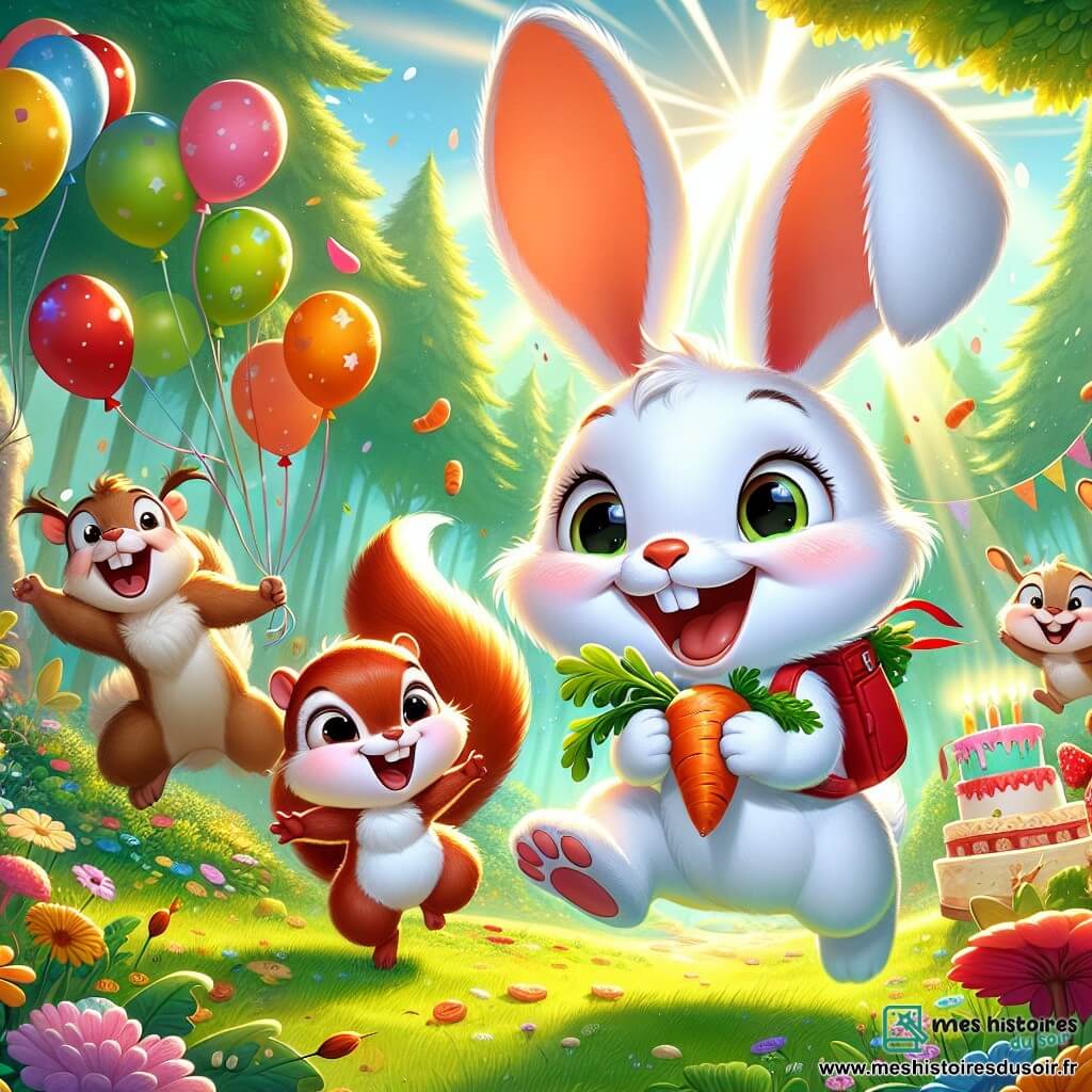 Loulou, un petit lapin aux grandes oreilles et à la fourrure blanche, saute de joie avec un sourire, portant un sac à dos rouge rempli de carottes. À ses côtés, Grignote, un écureuil roux, tient une noisette et sourit en sautant. En arrière-plan, la forêt est luxuriante avec des arbres verts, des fleurs colorées et des rayons de soleil, créant une ambiance magique. La scène montre Loulou et Grignote entourés de leurs amis animaux célébrant l'anniversaire de Loulou avec des ballons, des gâteaux et des rires, illustrant un moment de bonheur et d'amitié.