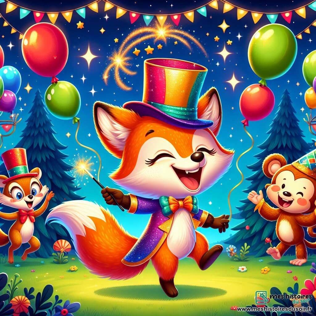 Illustration d'un renard joyeux au pelage orange vif et à la longue queue touffue, portant un chapeau en papier coloré et des paillettes dorées, sautant avec un grand sourire dans une scène de carnaval. À côté, un singe espiègle avec un pelage brun jongle avec des ballons colorés, affichant une joie contagieuse. Un magicien élégant en cape scintillante et chapeau haut de forme sourit en arrière-plan avec sa baguette magique. La clairière enchantée est décorée de guirlandes lumineuses et de ballons sous un ciel étoilé, entourée d'arbres majestueux. Le renard, le singe et le magicien préparent un numéro de cirque, attirant l'attention des autres animaux. Des feux d'artifice colorés illuminent le ciel, tandis que des animaux joyeux applaudissent, ajoutant une touche de magie à cette scène festive.