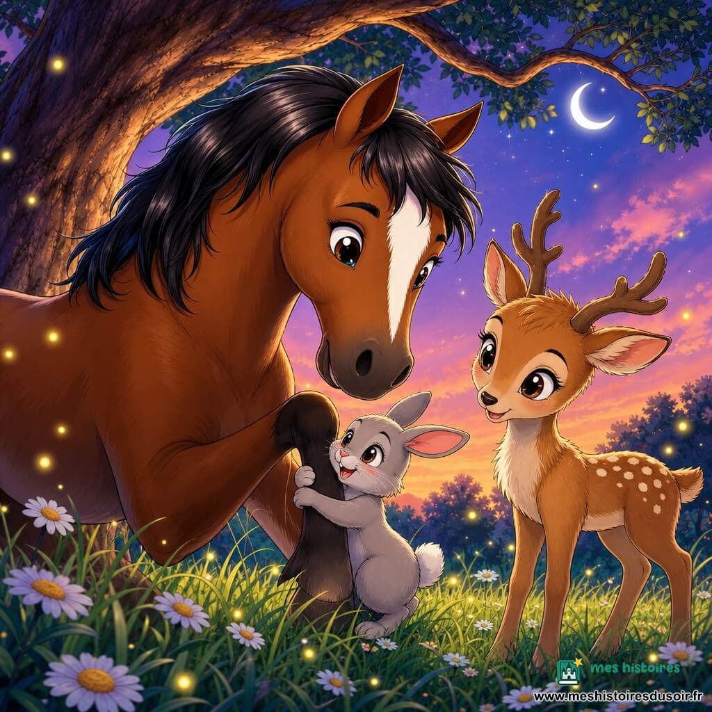 Un cheval nommé Éclair, châtain foncé à crinière noire et grosse balzane blanche sur le front, joyeux et soulagé, se penche pour renifler le petit lapin Mistral, gris clair au museau rose et grandes oreilles, qui serre affectueusement la jambe du cheval en souriant ; Lunelette, un renne délicat au pelage caramel tacheté de blanc, se tient à côté la tête inclinée, tous trois se retrouvent avec tendresse au crépuscule dans une clairière sous un grand chêne aux herbes hautes et marguerites, lucioles flottantes, ciel orange et violet et lune naissante ; ambiance magique et rassurante, style manga aux traits nets, couleurs pastel saturées, expressions exagérées et éclairage doux du soir.