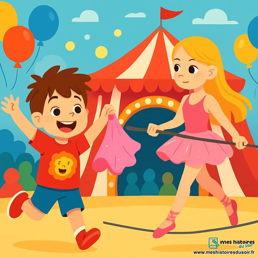 Un petit garçon de 6 ans, Léo, avec des cheveux bruns en bataille et un grand sourire, porte un t-shirt rouge avec un lion et des chaussures rouges. Il saute de joie, les bras levés, au milieu du cirque. À côté de lui, une funambule gracieuse, une jeune fille d’environ 20 ans avec de longs cheveux blonds et un tutu rose scintillant, se prépare à marcher sur un fil. En arrière-plan, le chapiteau rayé rouge et blanc est rempli de lumières, de ballons colorés et de spectateurs émerveillés. Léo, tout excité, tient le tutu rose qu'il vient de retrouver.